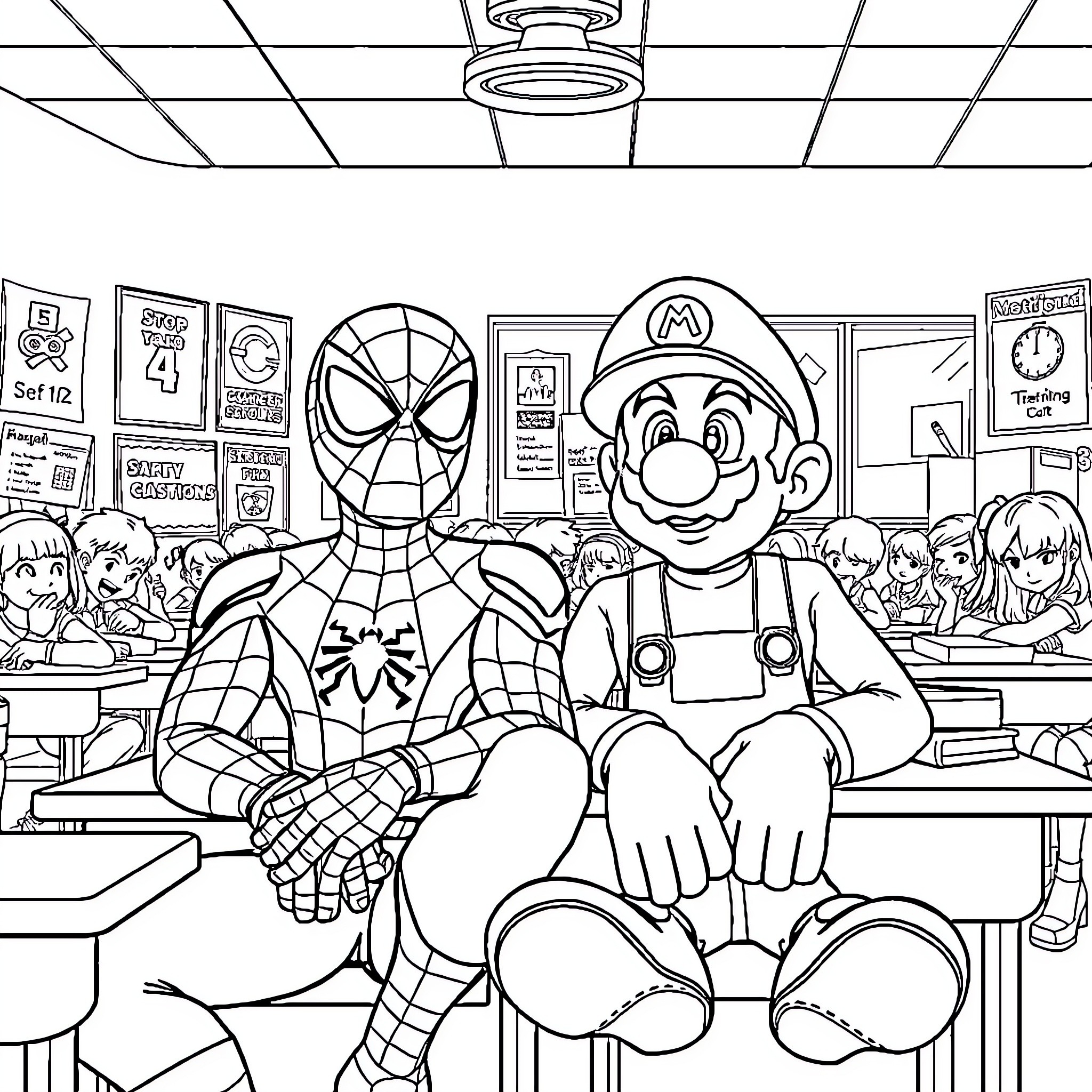 Spiderman and Mario in a school setting Coloring Page (free black-and-white line drawing printable PDF for all, from beginners to advanced learners, including children, teens, adults, and seniors)
