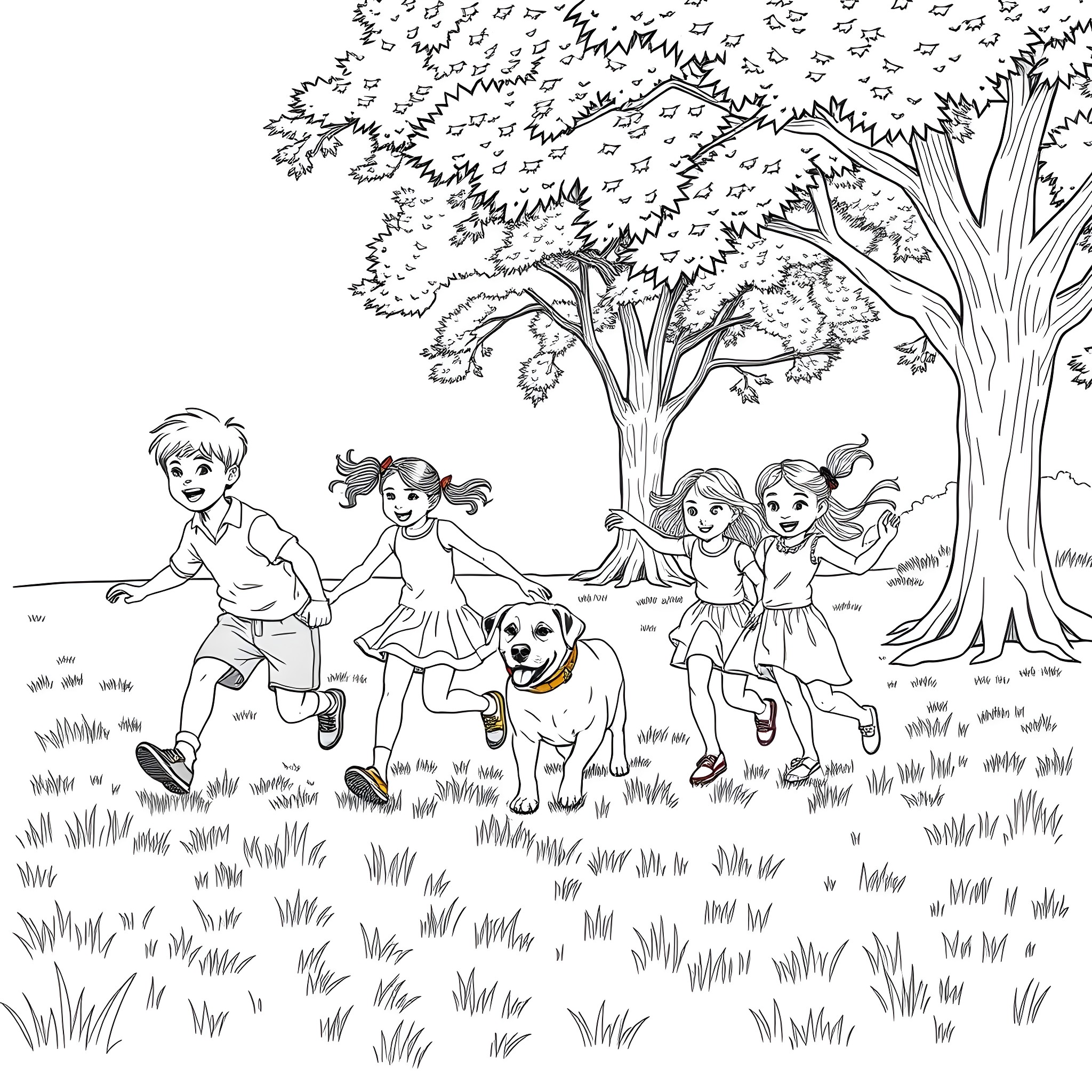 Labrador family playing in the park with children Coloring Page (free black-and-white line drawing printable PDF for all, from beginners to advanced learners, including children, teens, adults, and seniors)
