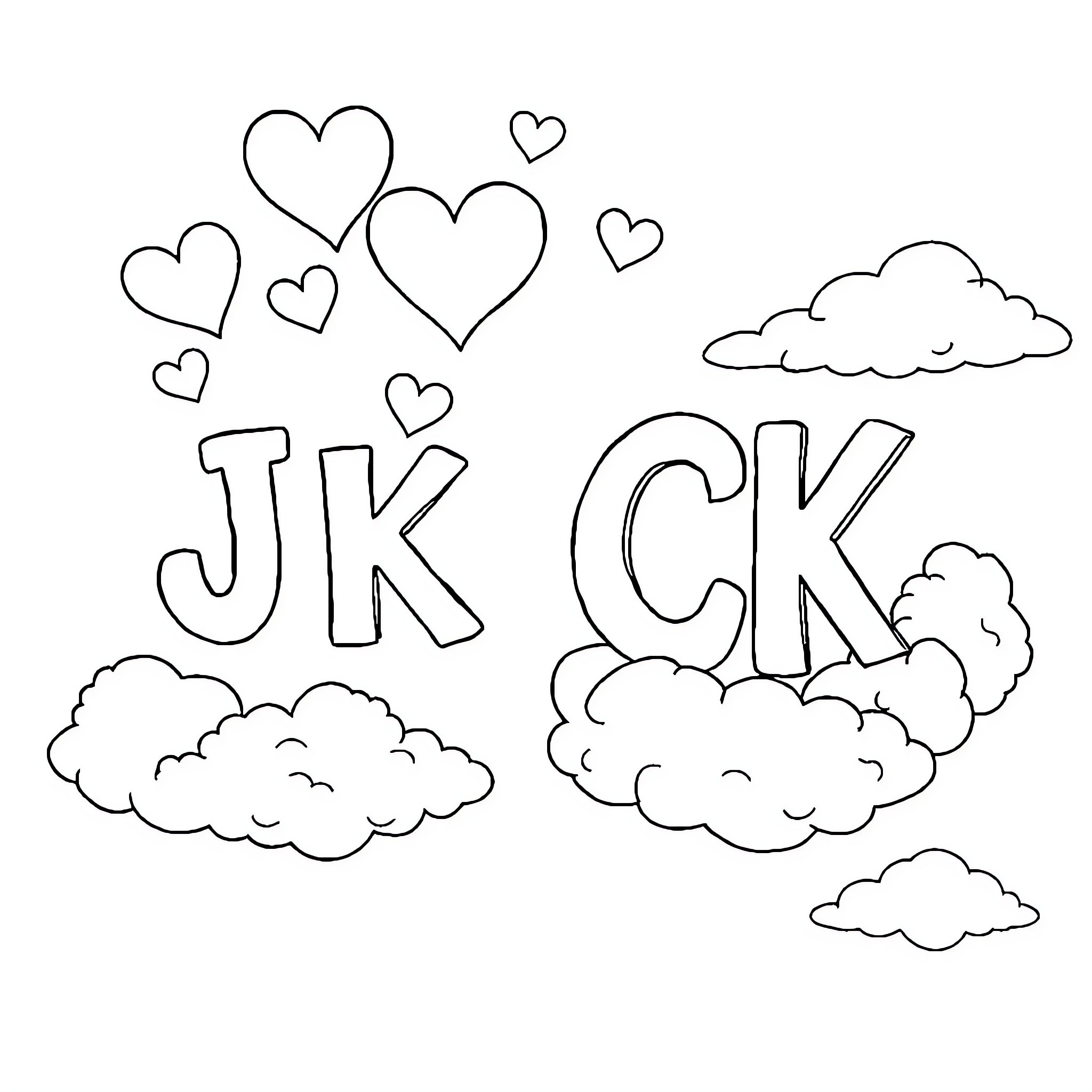Initials JK CK surrounded by hearts and clouds Coloring Page (free black-and-white line drawing printable PDF for all, from beginners to advanced learners, including children, teens, adults, and seniors)
