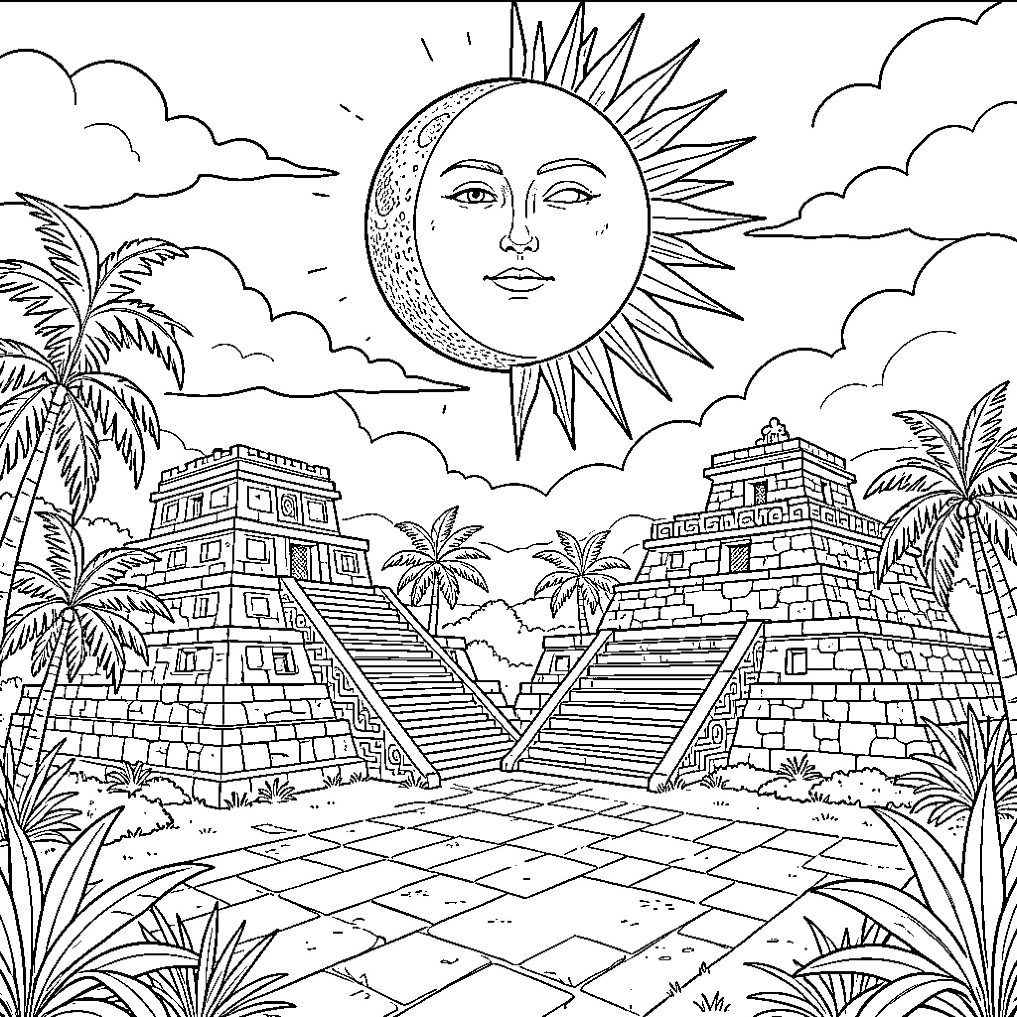 Cité Maya with ancient temples and a celestial sun Coloring Page (free black-and-white line drawing printable PDF for all, from beginners to advanced learners, including children, teens, adults, and seniors)