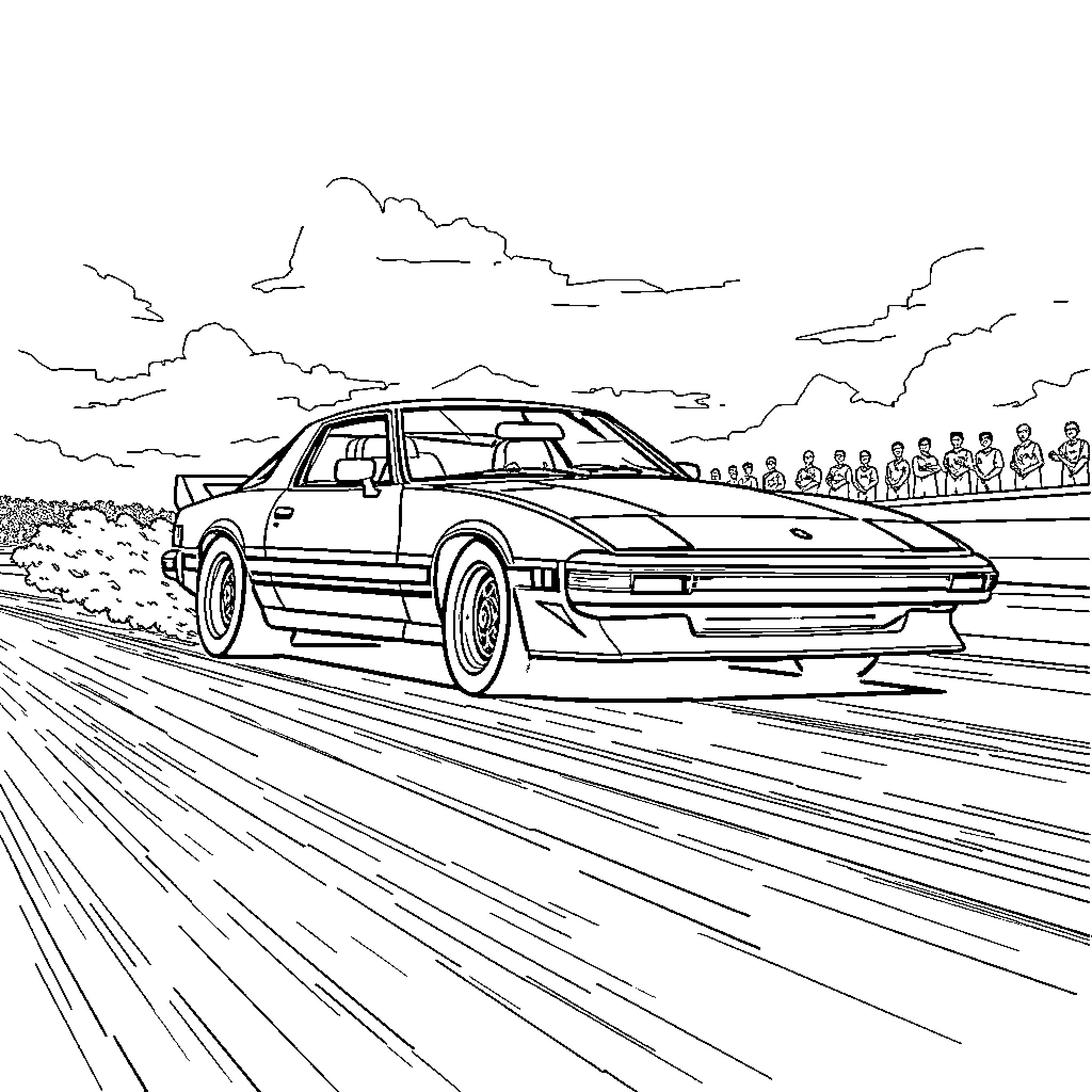 Rx7 racing on the track with spectators Coloring Page (free black-and-white line drawing printable PDF for all, from beginners to advanced learners, including children, teens, adults, and seniors)