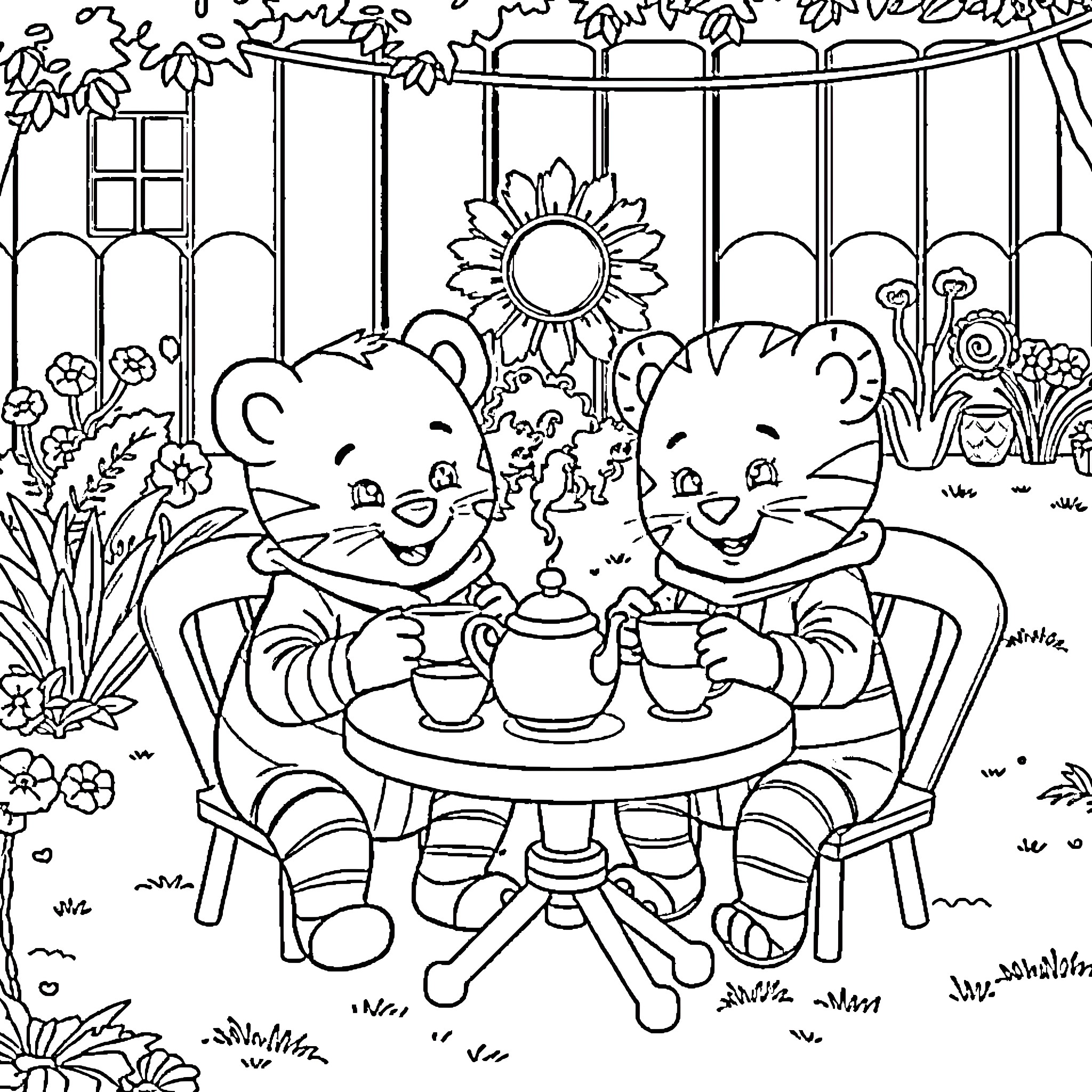 Bluey and Friends Enjoying a Cozy Tea Party Coloring Page (free black-and-white line drawing printable PDF for all, from beginners to advanced learners, including children, teens, adults, and seniors)