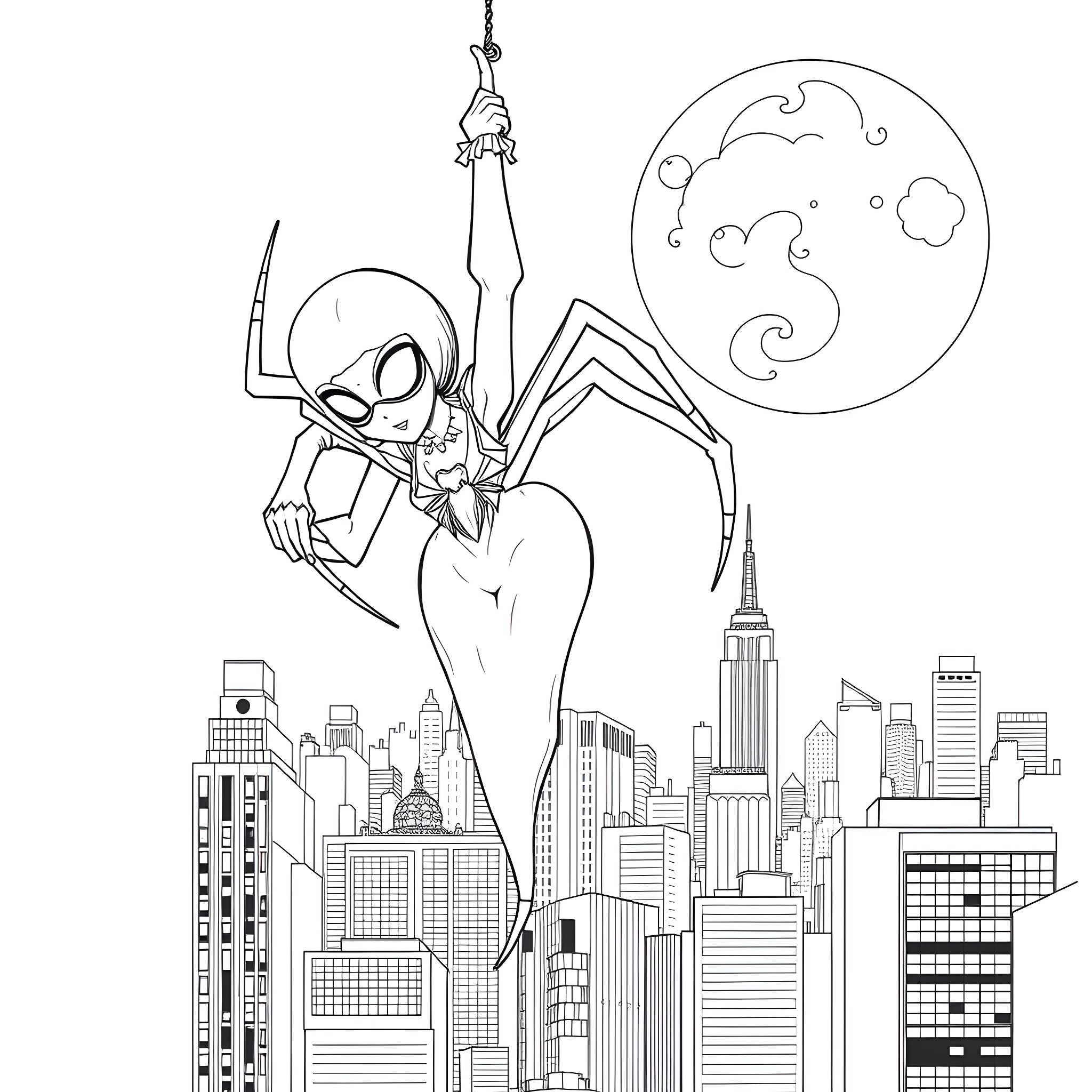 Ghost Spider Swinging through the City at Night Coloring Page (free black-and-white line drawing printable PDF for all, from beginners to advanced learners, including children, teens, adults, and seniors)