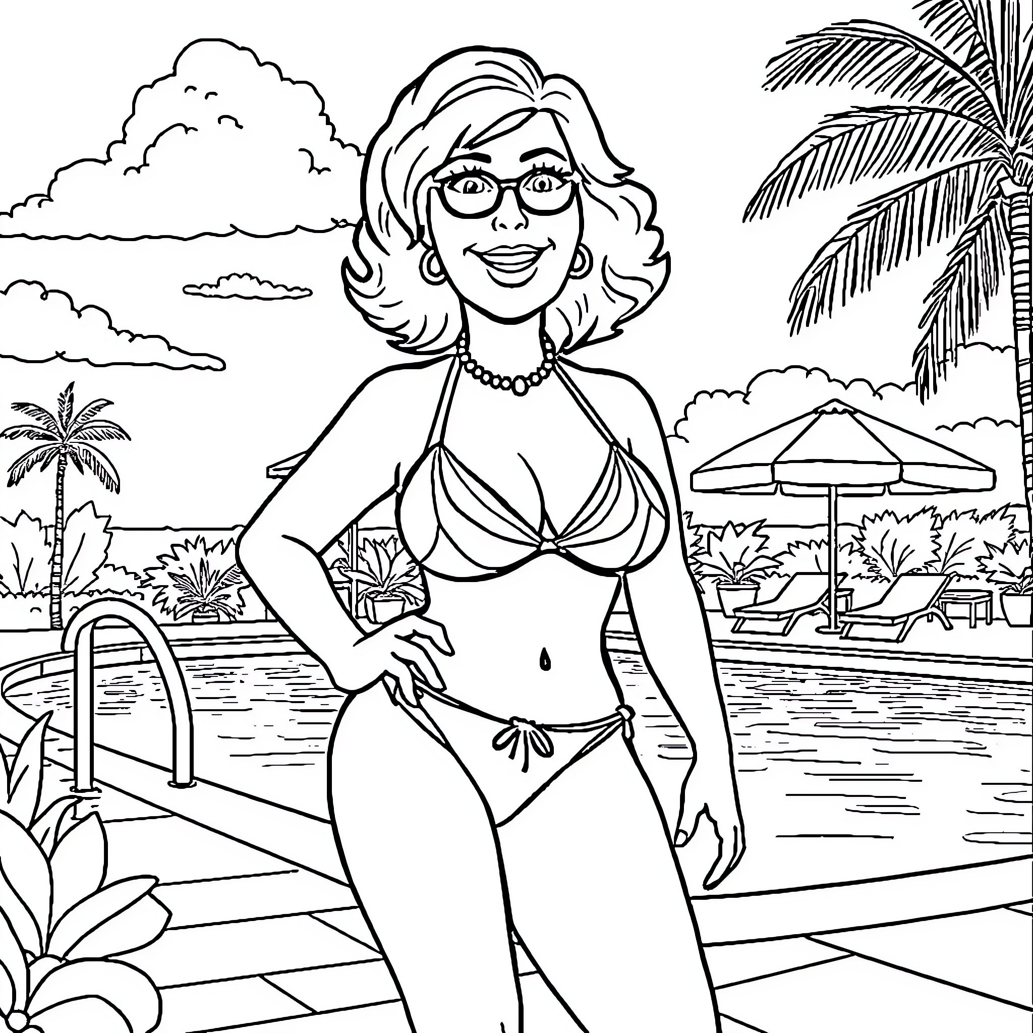 Lois enjoying a sunny day at the beach Coloring Page (free black-and-white line drawing printable PDF for all, from beginners to advanced learners, including children, teens, adults, and seniors)