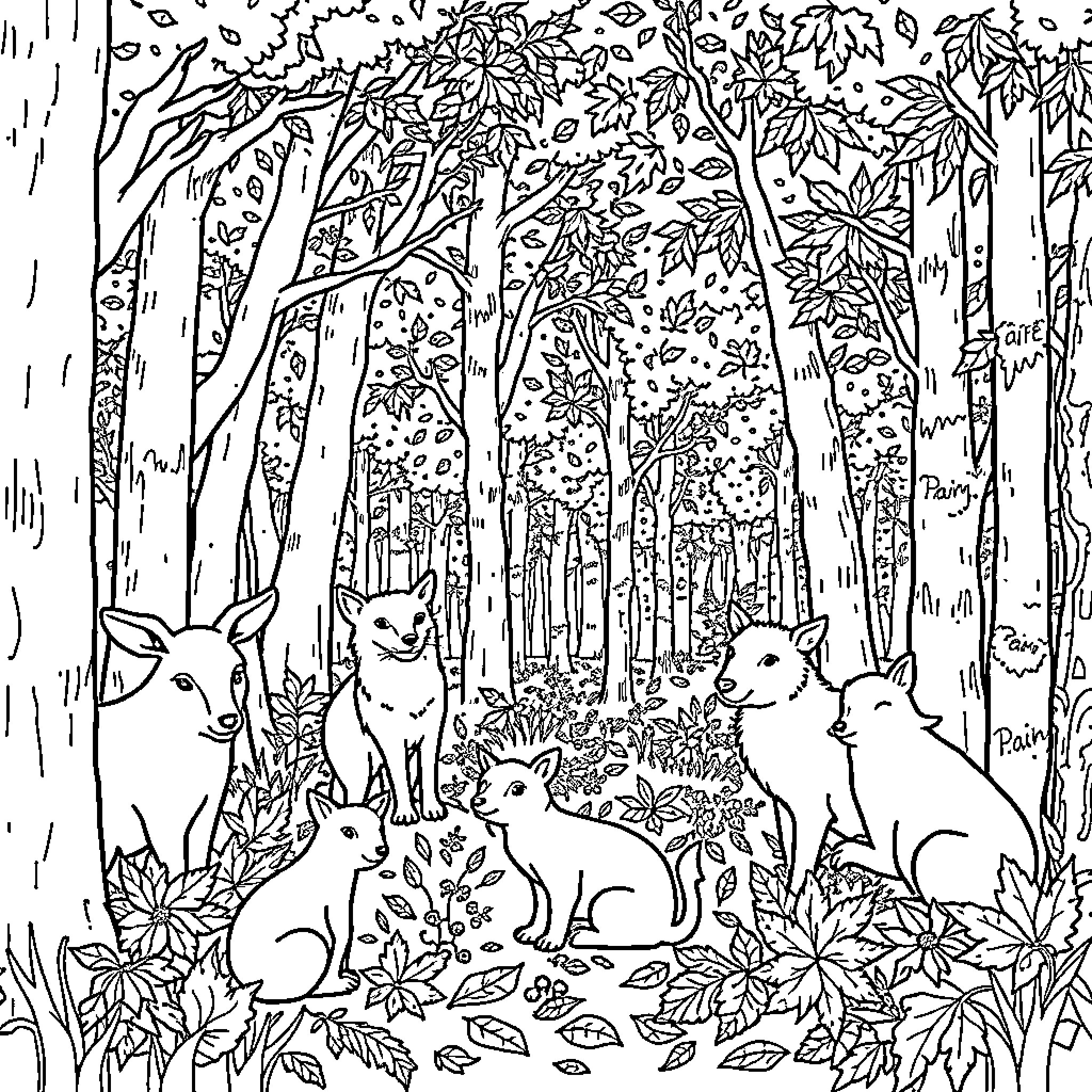 Animal Family Exploring the Enchanted Forest Coloring Page (free black-and-white line drawing printable PDF for all, from beginners to advanced learners, including children, teens, adults, and seniors)