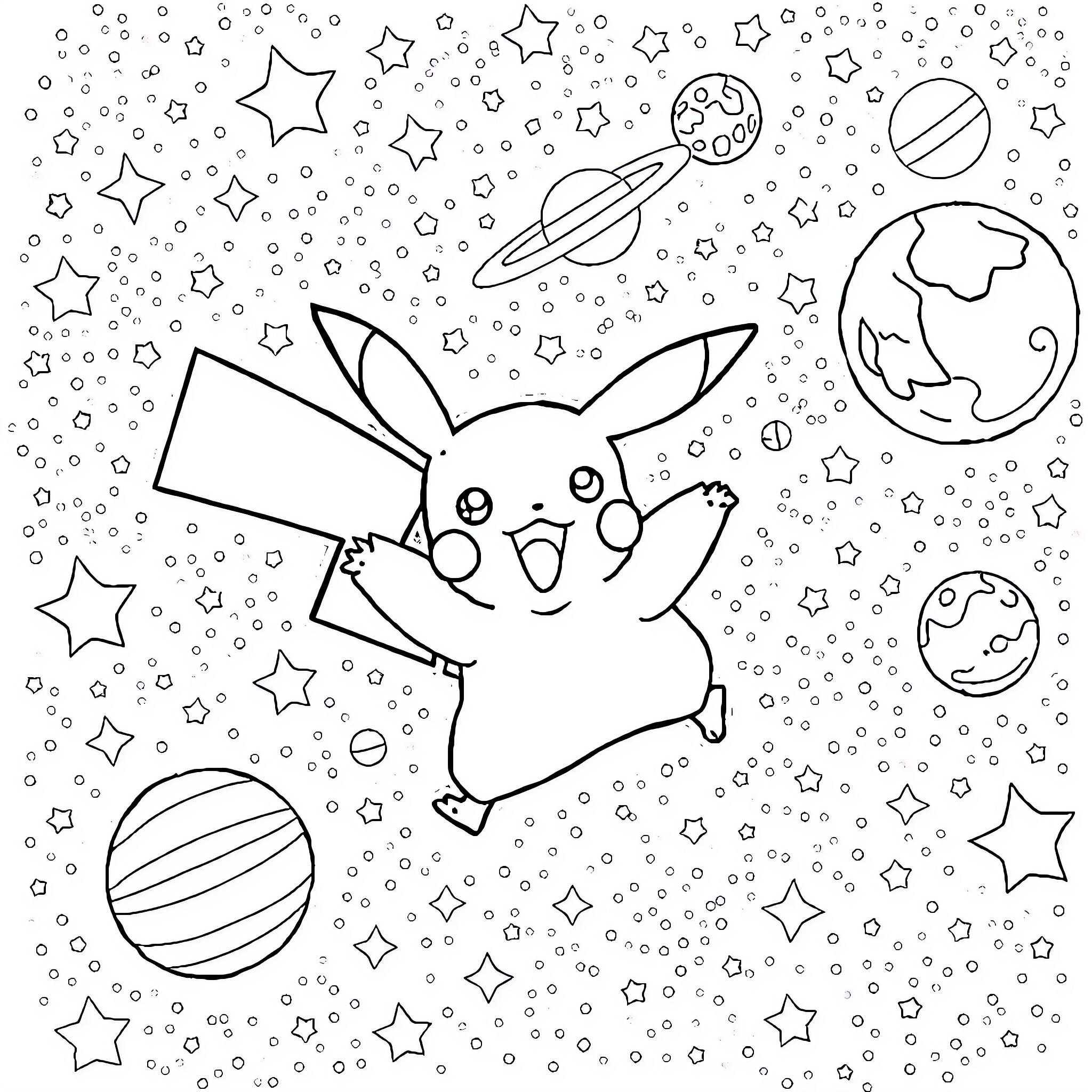 Pikachu exploring the cosmic universe Coloring Page (free black-and-white line drawing printable PDF for all, from beginners to advanced learners, including children, teens, adults, and seniors)