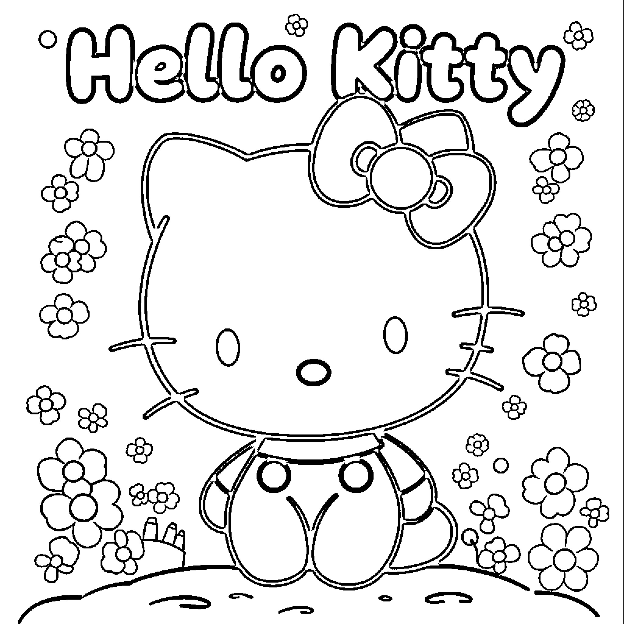 Hello Kitty surrounded by flowers Coloring Page (free black-and-white line drawing printable PDF for all, from beginners to advanced learners, including children, teens, adults, and seniors)