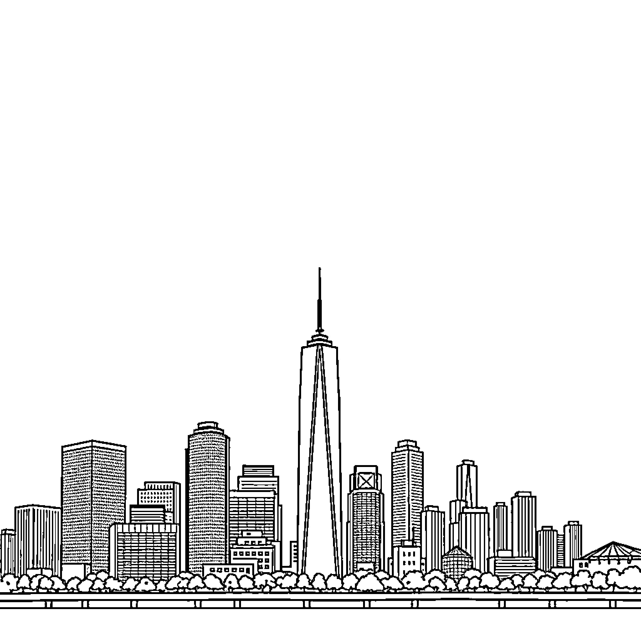 City Skyline with Towering Skyscrapers Coloring Page (free black-and-white line drawing printable PDF for all, from beginners to advanced learners, including children, teens, adults, and seniors)