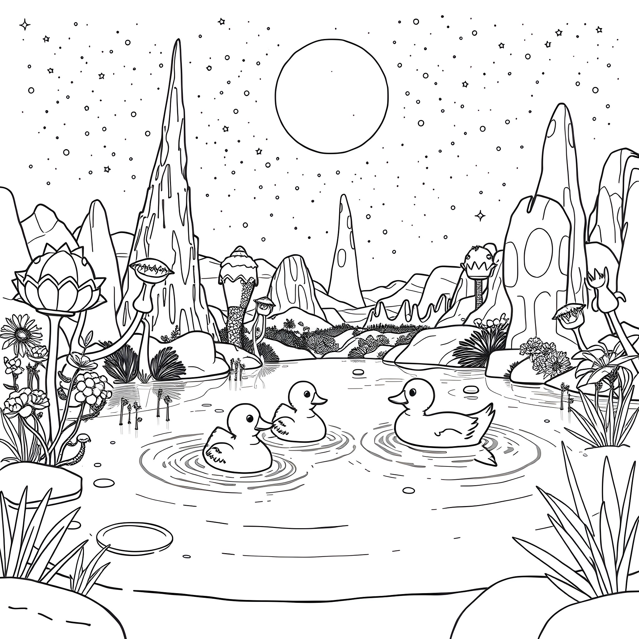 Duck Enjoying a Whimsical Pond Scene Coloring Page (free black-and-white line drawing printable PDF for all, from beginners to advanced learners, including children, teens, adults, and seniors)