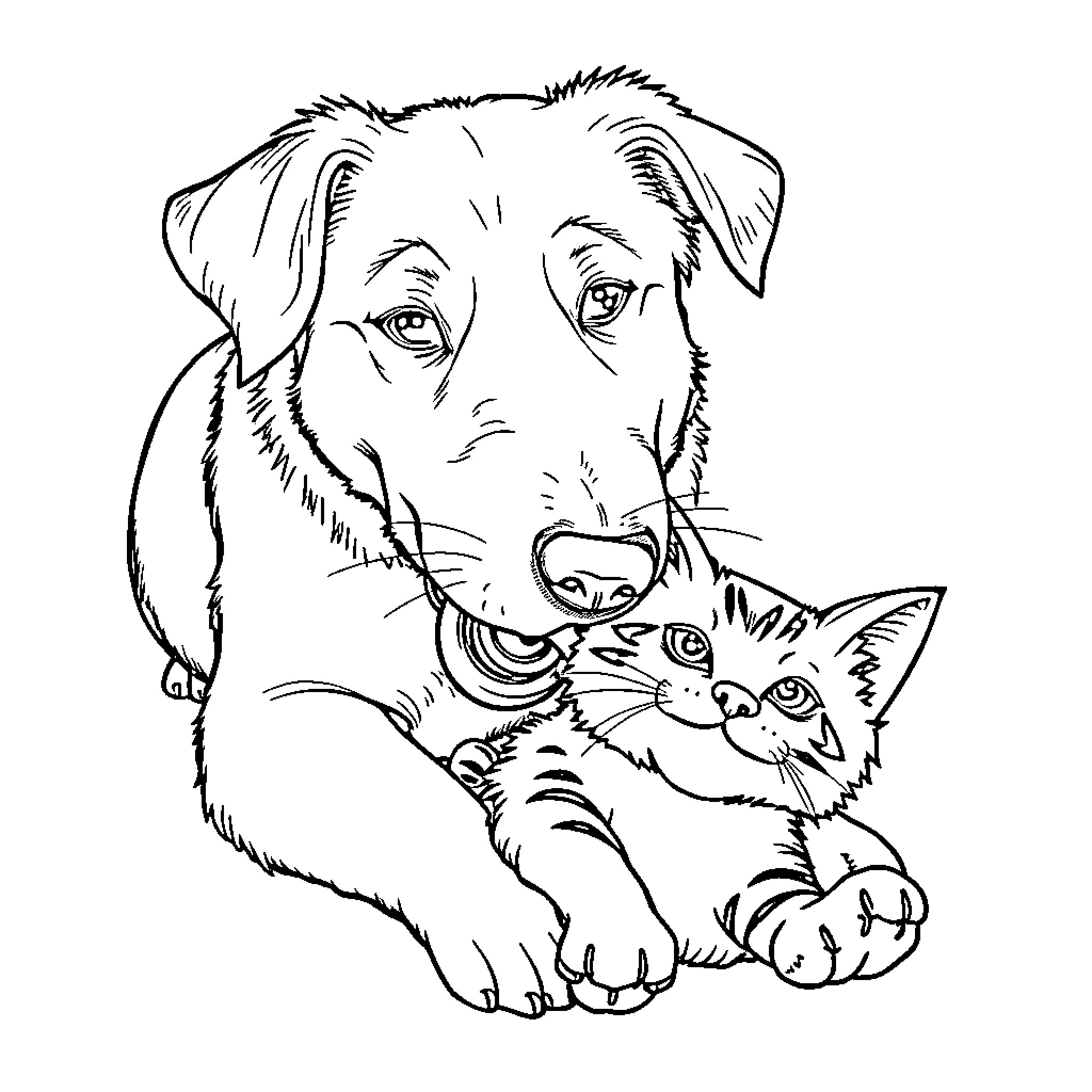 Dog and cat playing together Coloring Page (free black-and-white line drawing printable PDF for all, from beginners to advanced learners, including children, teens, adults, and seniors)