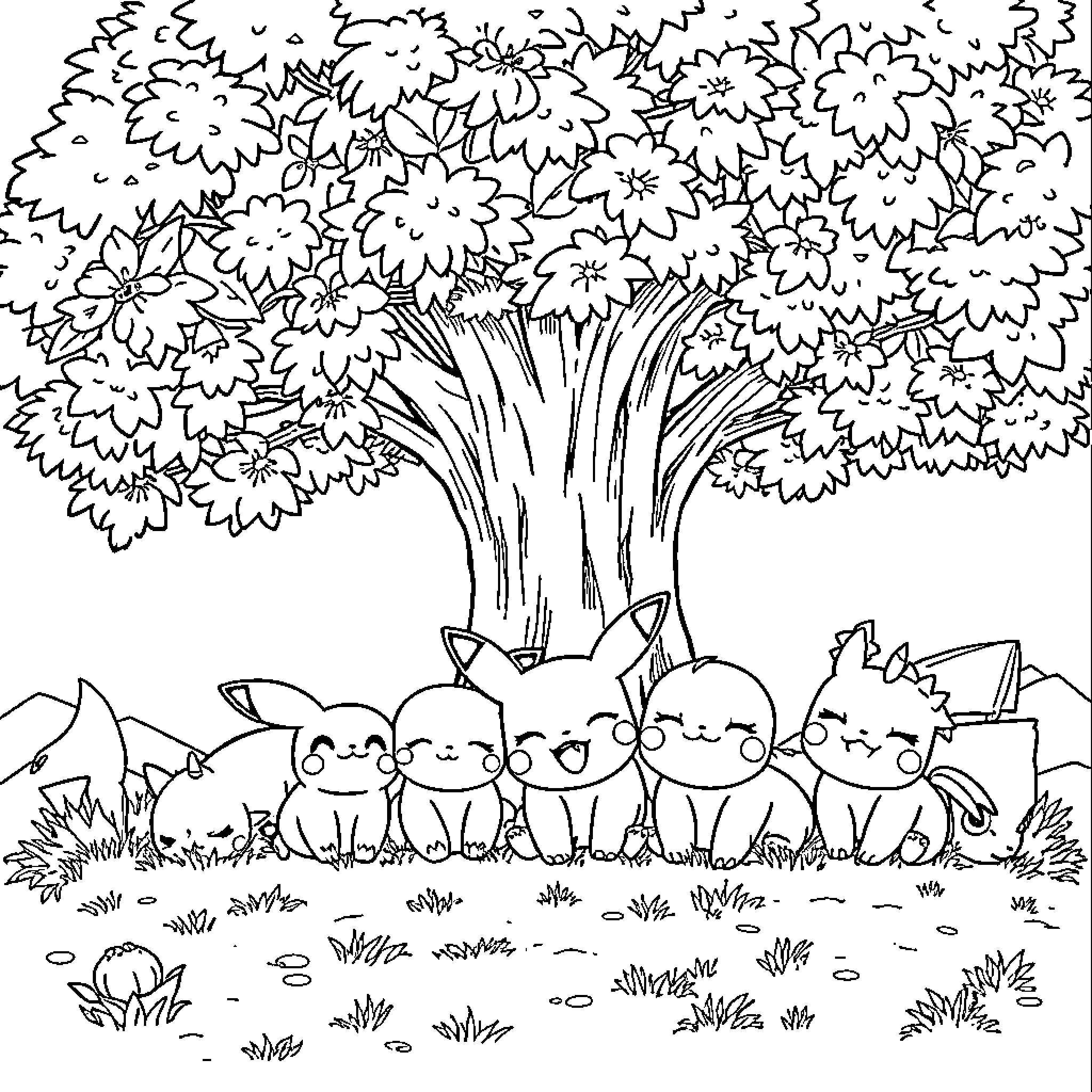 Pokémon characters enjoying the nature scene Coloring Page (free black-and-white line drawing printable PDF for all, from beginners to advanced learners, including children, teens, adults, and seniors)