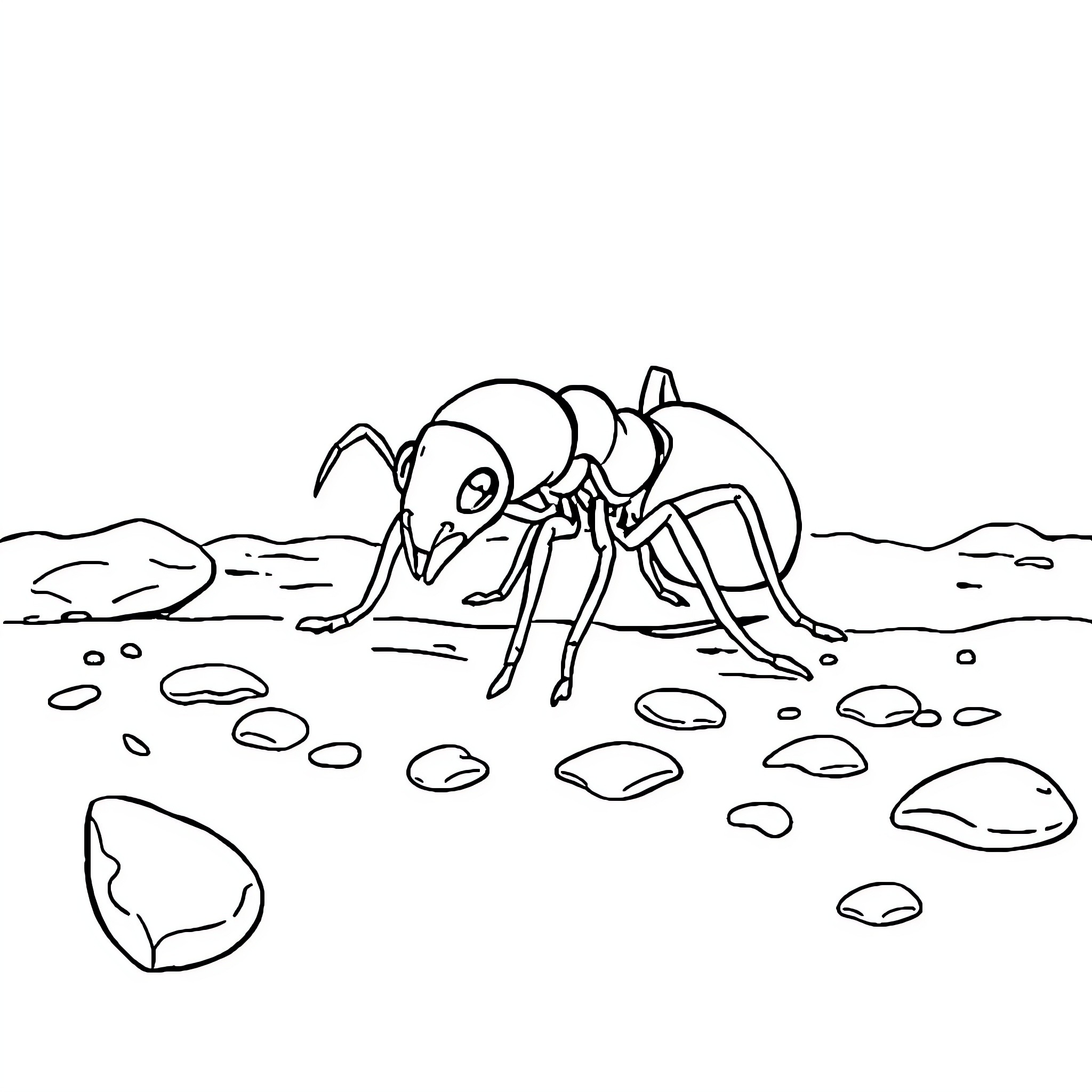 Ant exploring its rocky habitat Coloring Page (free black-and-white line drawing printable PDF for all, from beginners to advanced learners, including children, teens, adults, and seniors)