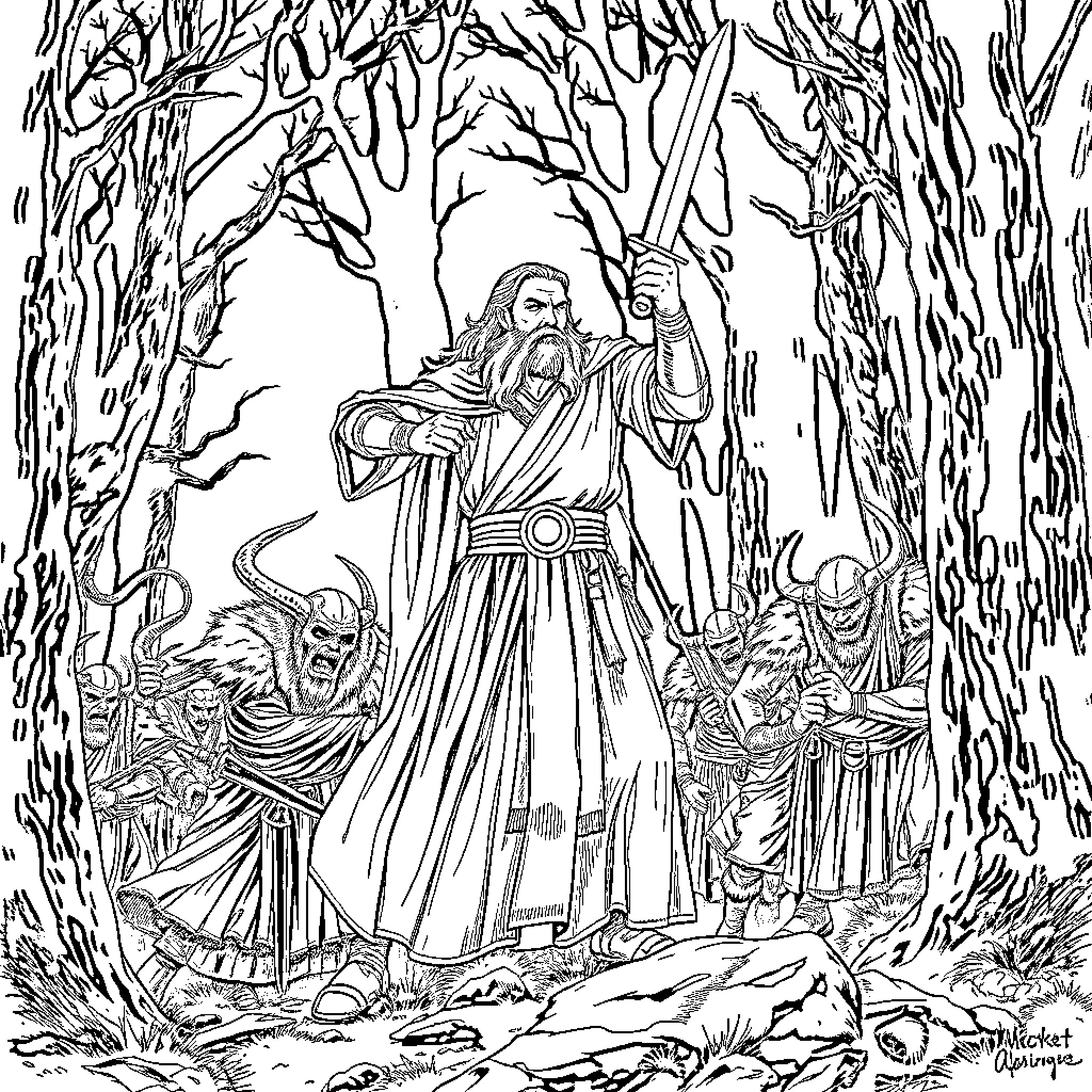 Elrond's Legendary Journey Through Enchanted Forest Coloring Page (free black-and-white line drawing printable PDF for all, from beginners to advanced learners, including children, teens, adults, and seniors)