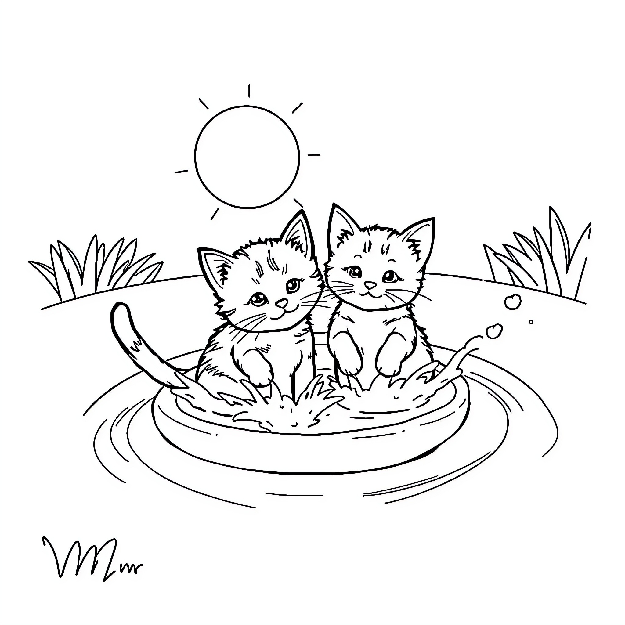 Cats relaxing in a bowl outdoors Coloring Page (free black-and-white line drawing printable PDF for all, from beginners to advanced learners, including children, teens, adults, and seniors)