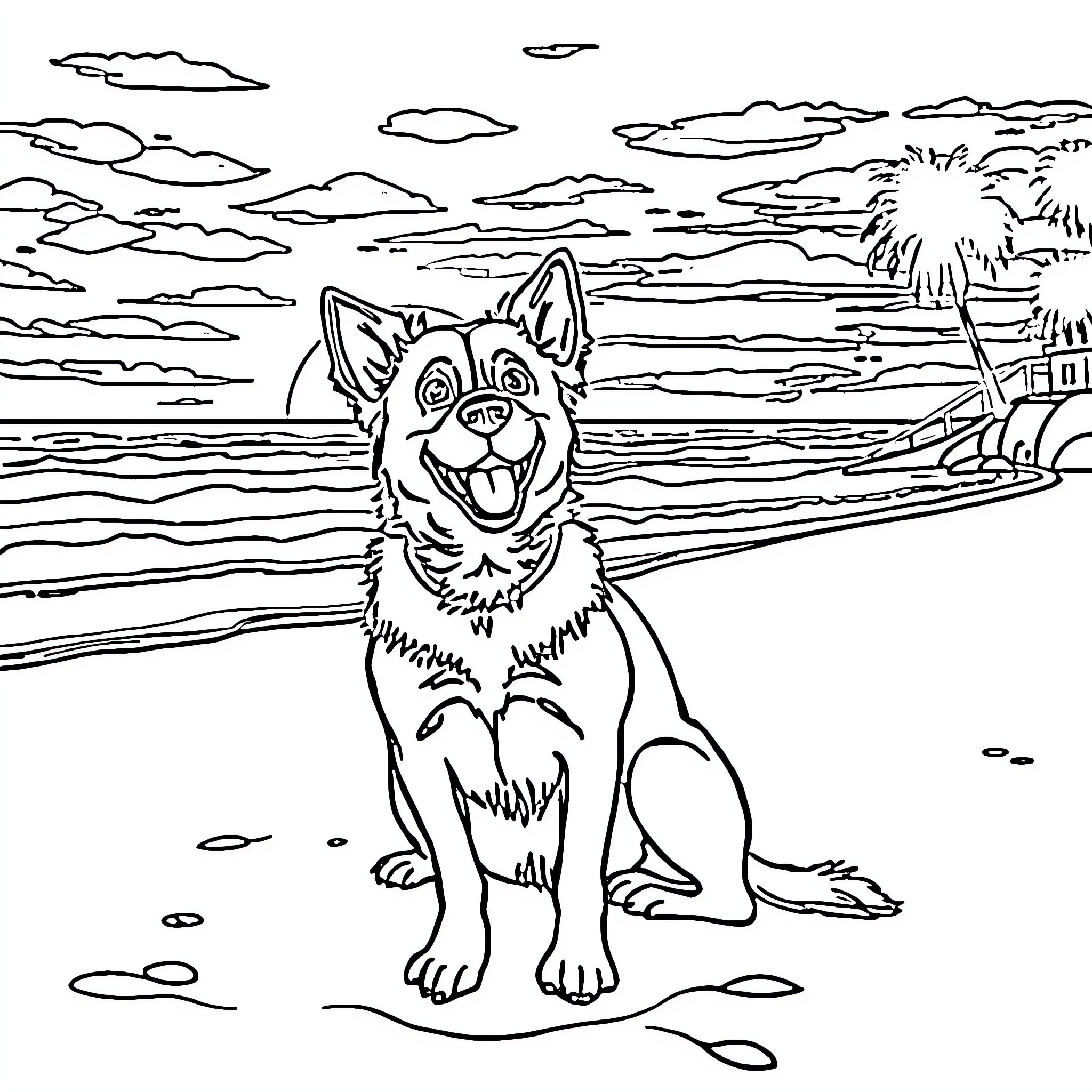 Dog enjoying the beach scenery Coloring Page (free black-and-white line drawing printable PDF for all, from beginners to advanced learners, including children, teens, adults, and seniors)
