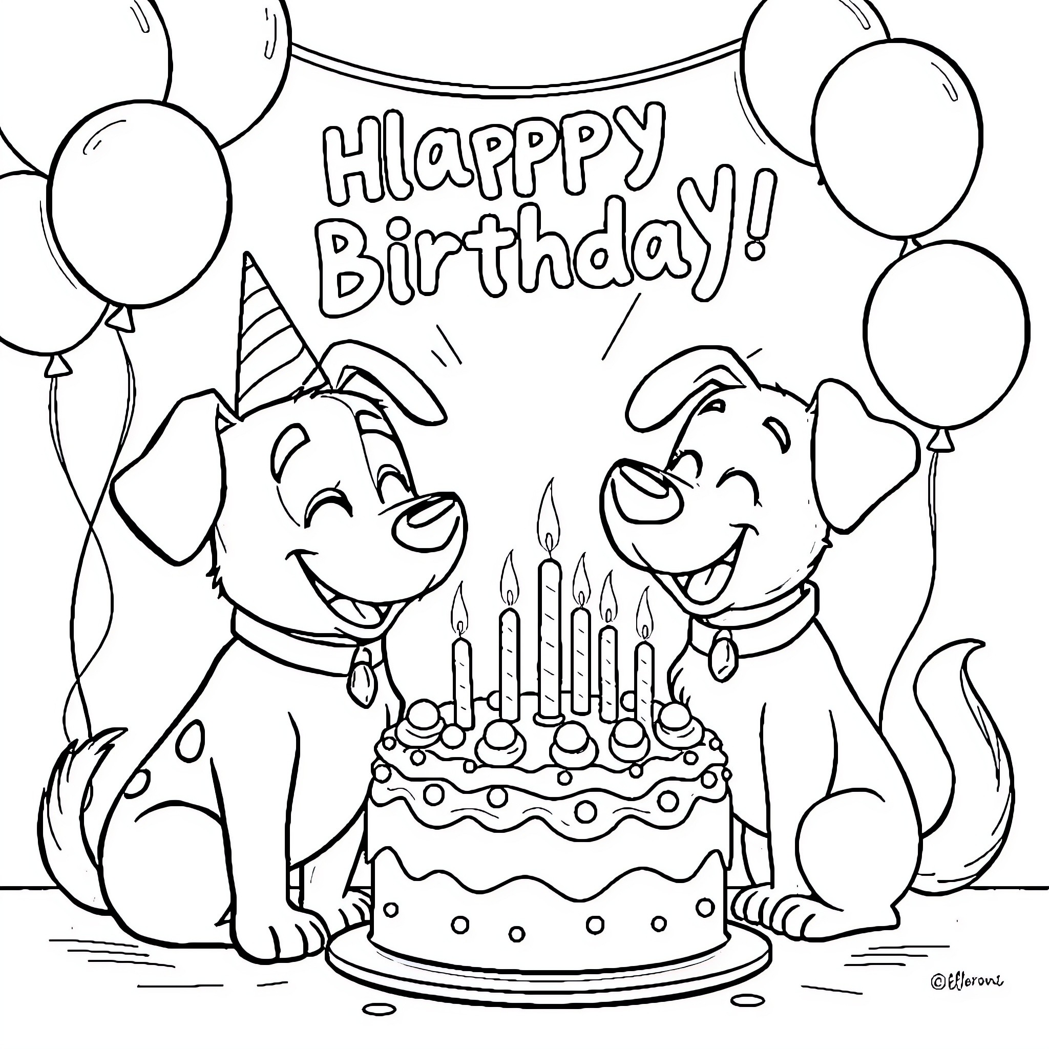 Bluey's Happy Birthday Celebration with Friends Coloring Page (free black-and-white line drawing printable PDF for all, from beginners to advanced learners, including children, teens, adults, and seniors)