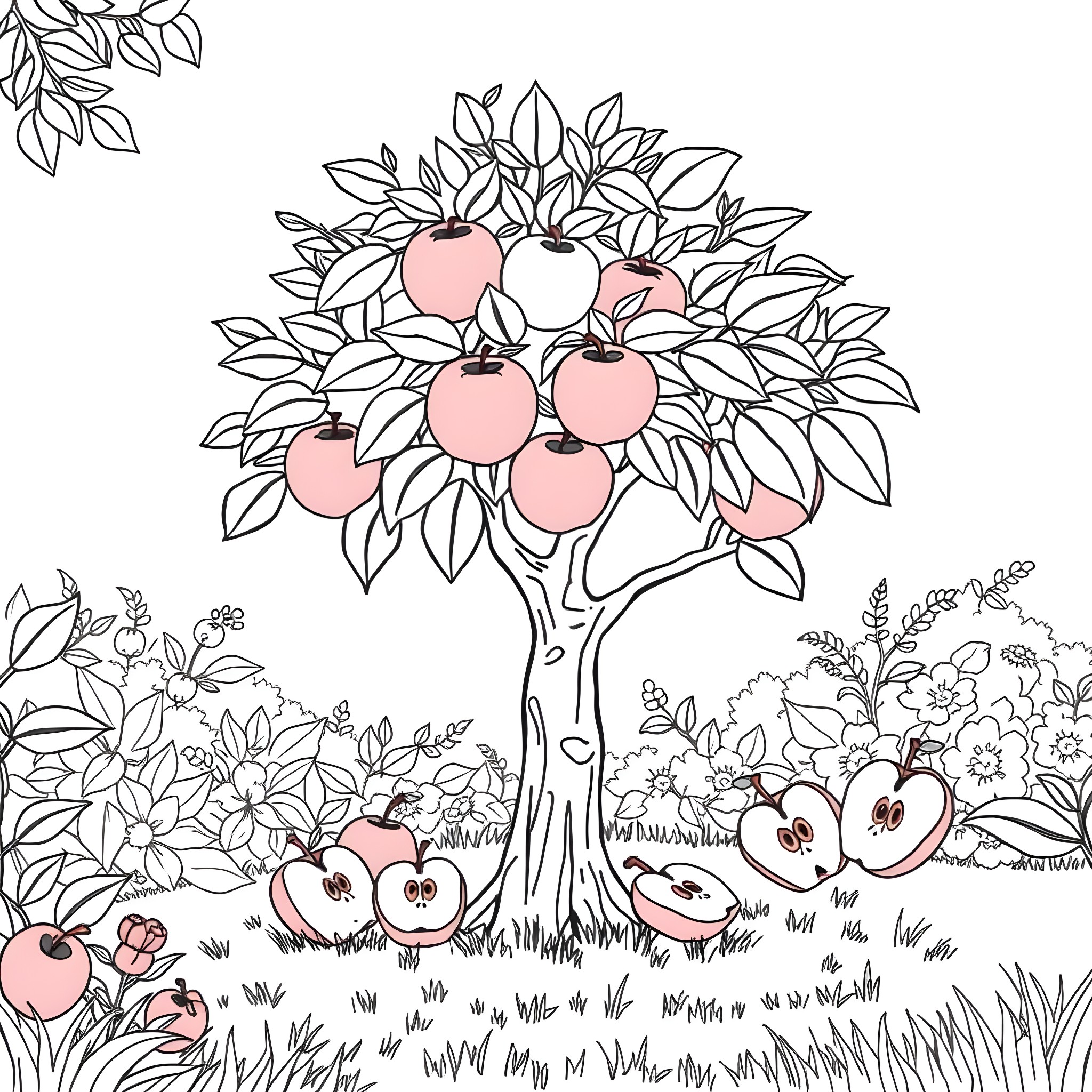 Apple tree with fruit in a lush garden Coloring Page (free black-and-white line drawing printable PDF for all, from beginners to advanced learners, including children, teens, adults, and seniors)