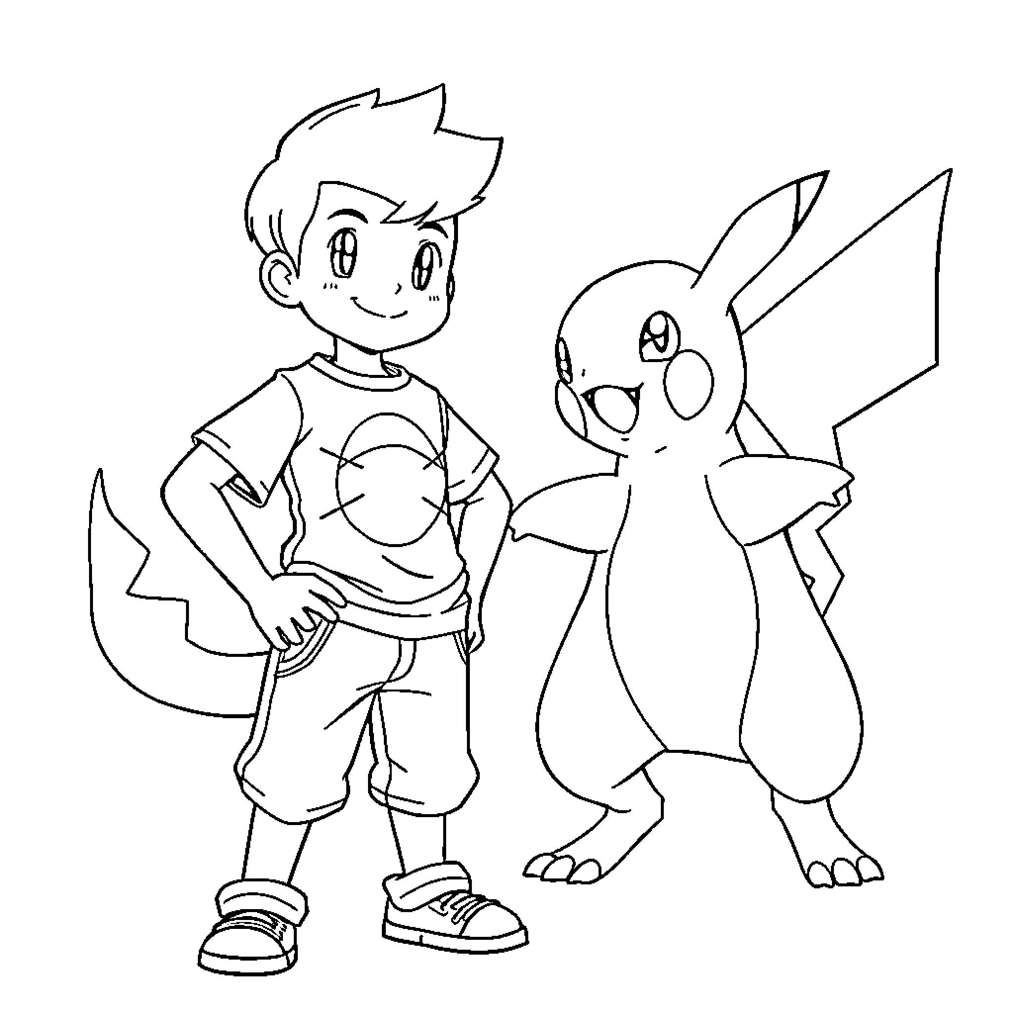 Boy and his Friendly Companion Coloring Page (free black-and-white line drawing printable PDF for all, from beginners to advanced learners, including children, teens, adults, and seniors)