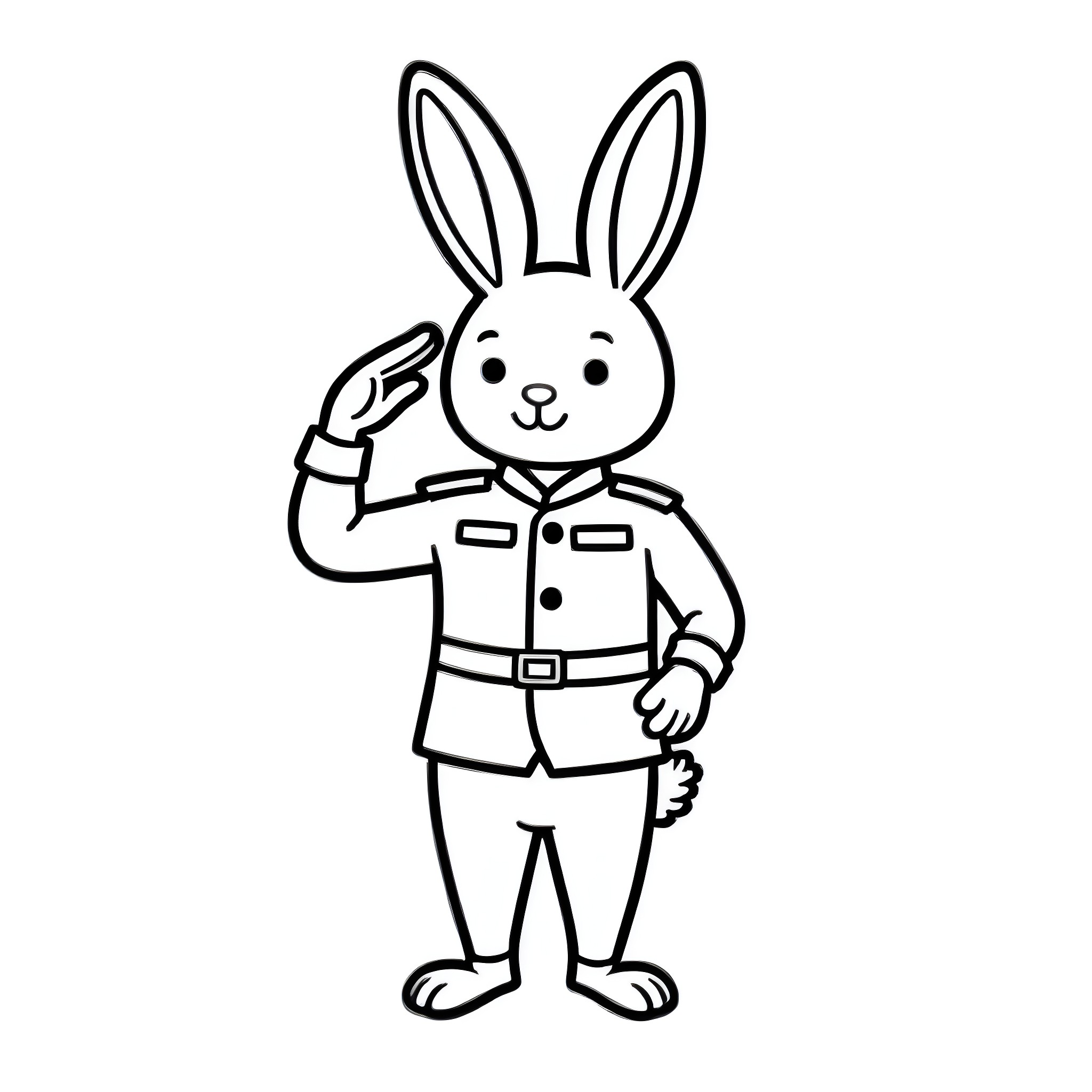 Rabbit in military uniform saluting Coloring Page (free black-and-white line drawing printable PDF for all, from beginners to advanced learners, including children, teens, adults, and seniors)