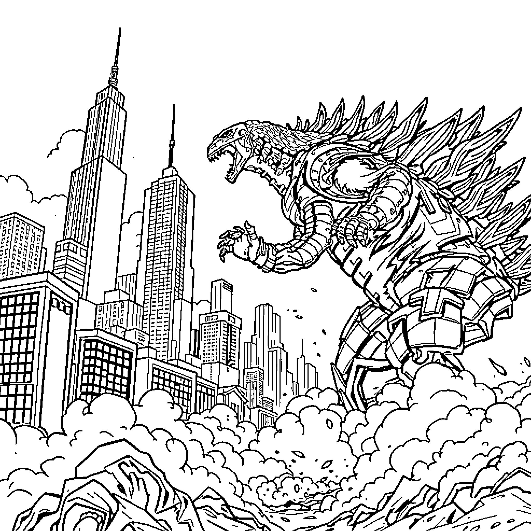 Godzilla Rampages Through Towering Cityscape Coloring Page (free black-and-white line drawing printable PDF for all, from beginners to advanced learners, including children, teens, adults, and seniors)