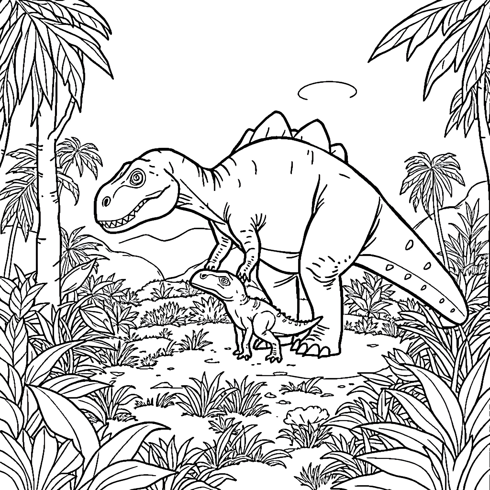 Dinosaur playing in prehistoric jungle landscape Coloring Page (free black-and-white line drawing printable PDF for all, from beginners to advanced learners, including children, teens, adults, and seniors)