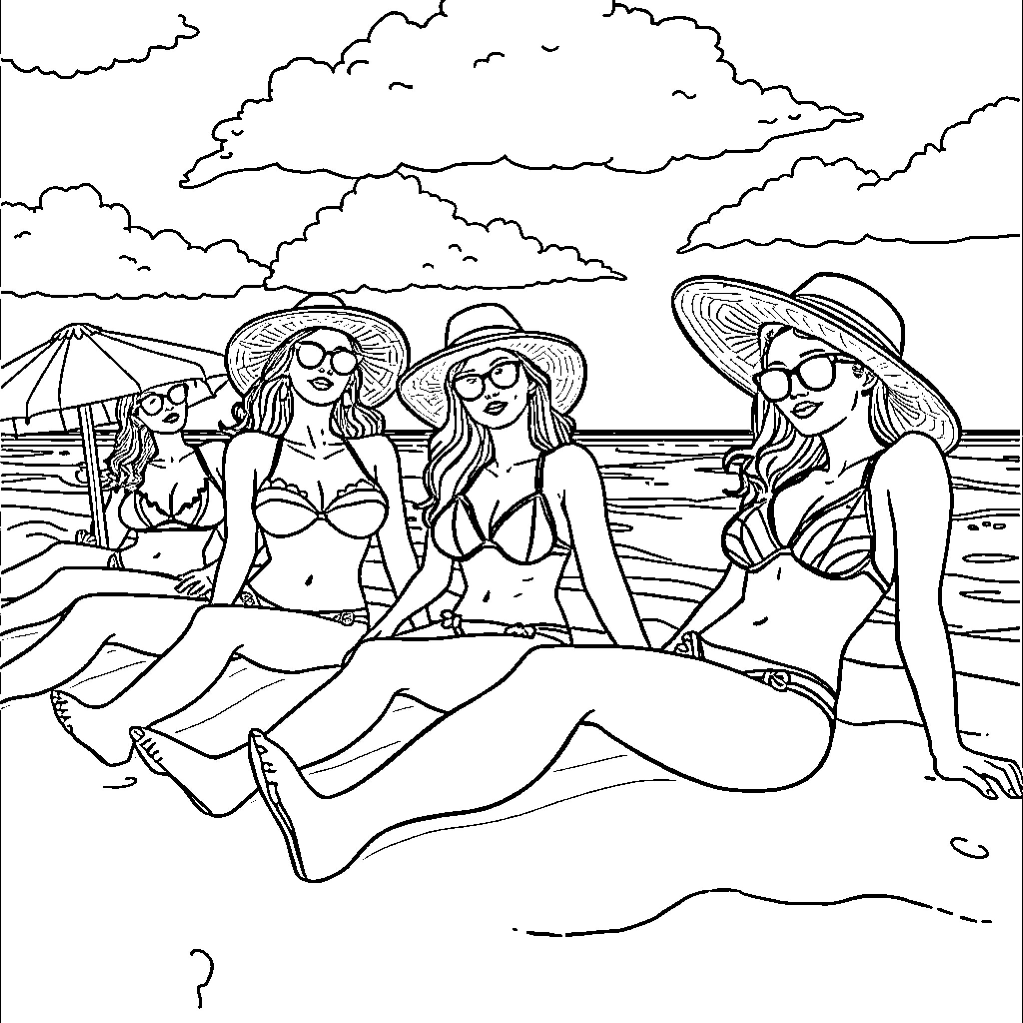 Women relaxing on the beach in summer attire Coloring Page (free black-and-white line drawing printable PDF for all, from beginners to advanced learners, including children, teens, adults, and seniors)