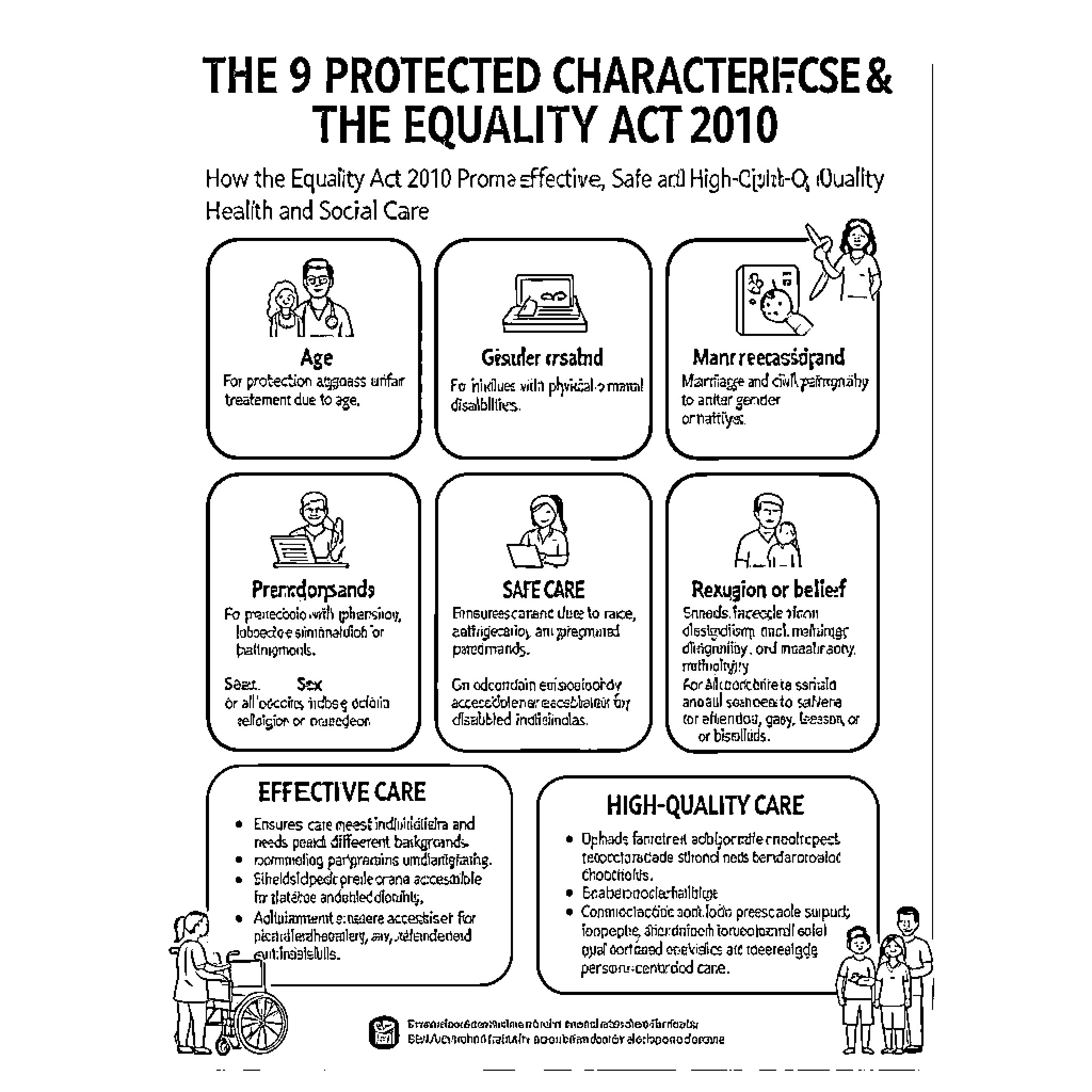 Protected Characteristics illustrating diverse people and social care concepts Coloring Page (free black-and-white line drawing printable PDF for all, from beginners to advanced learners, including children, teens, adults, and seniors)