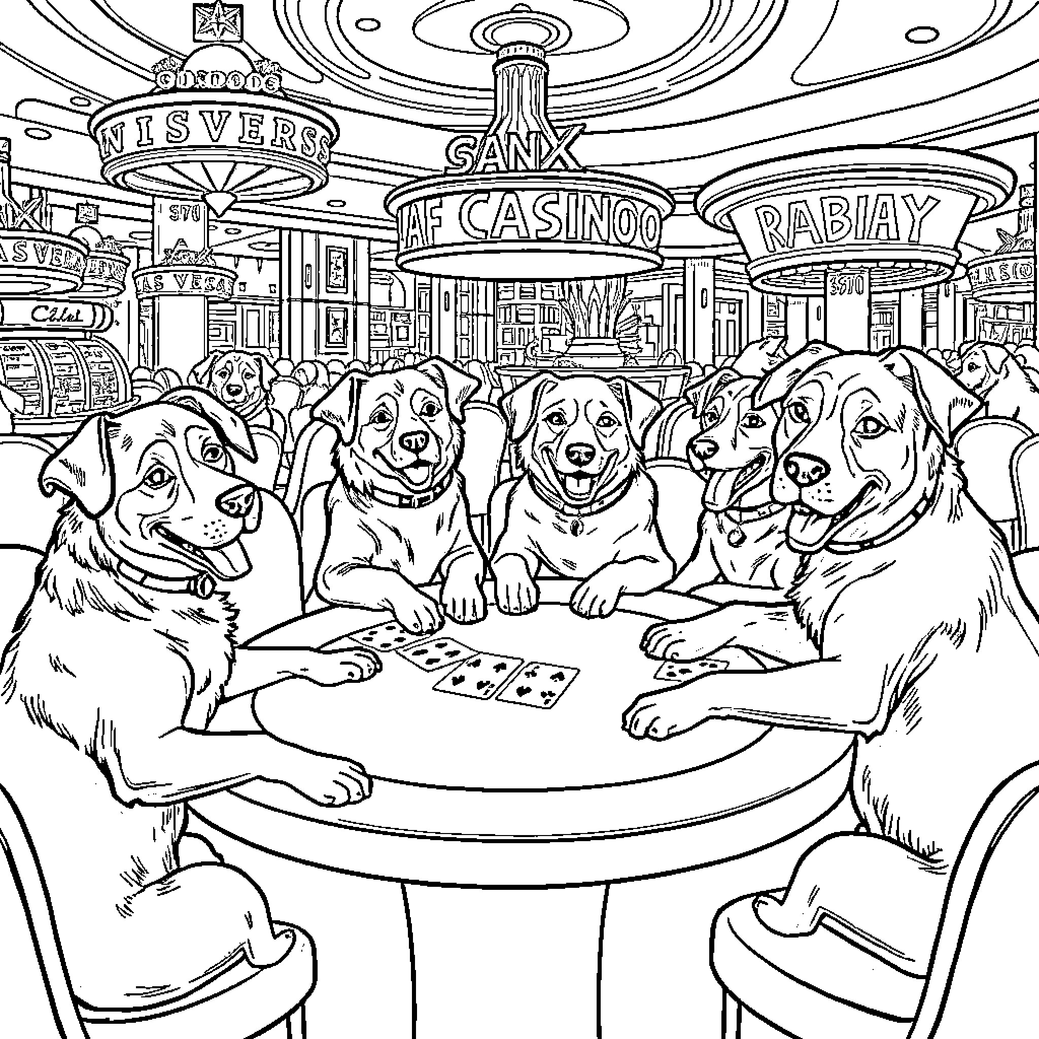 Dogs playing poker in a casino Coloring Page (free black-and-white line drawing printable PDF for all, from beginners to advanced learners, including children, teens, adults, and seniors)
