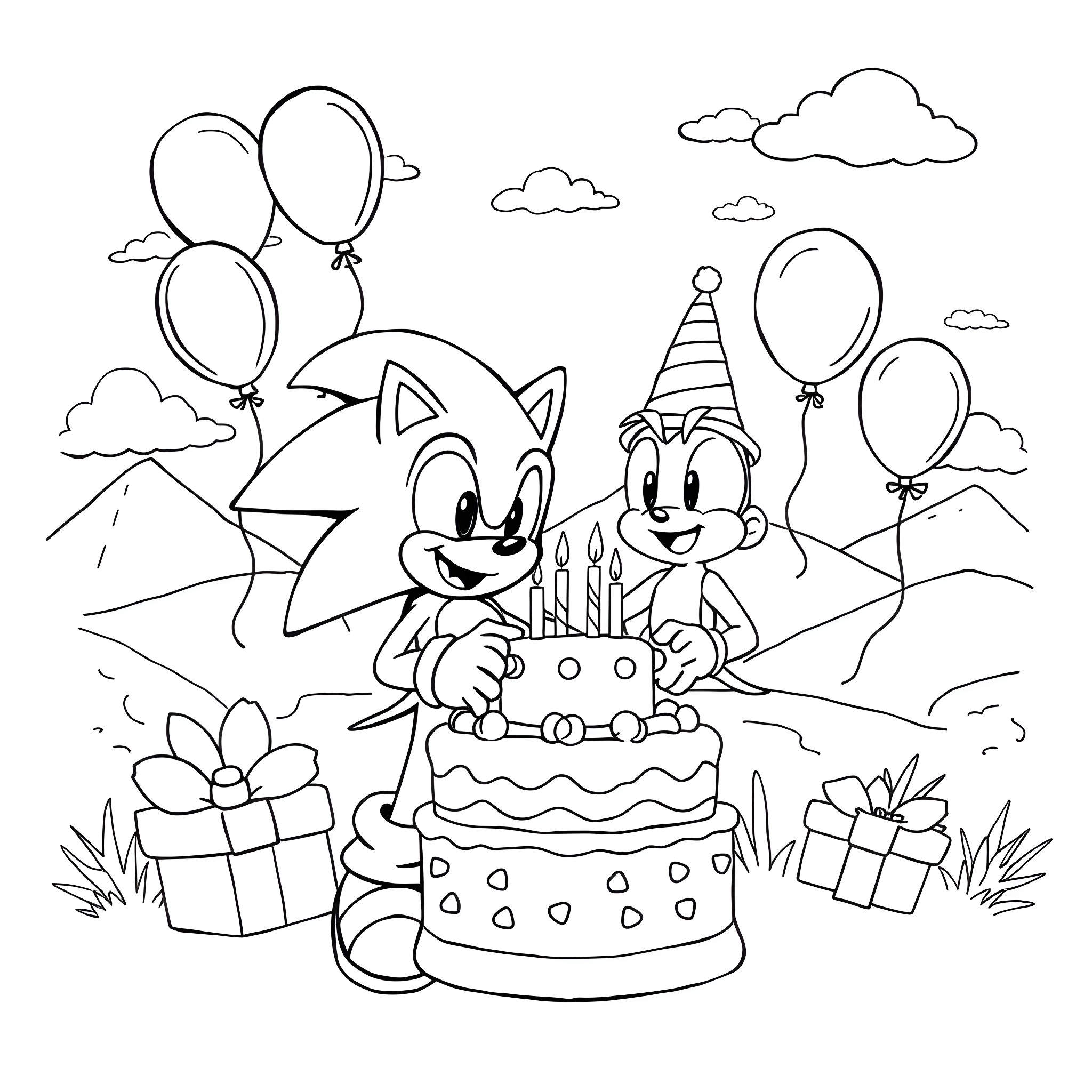 Sonic and friends celebrate birthday party in nature Coloring Page (free black-and-white line drawing printable PDF for all, from beginners to advanced learners, including children, teens, adults, and seniors)