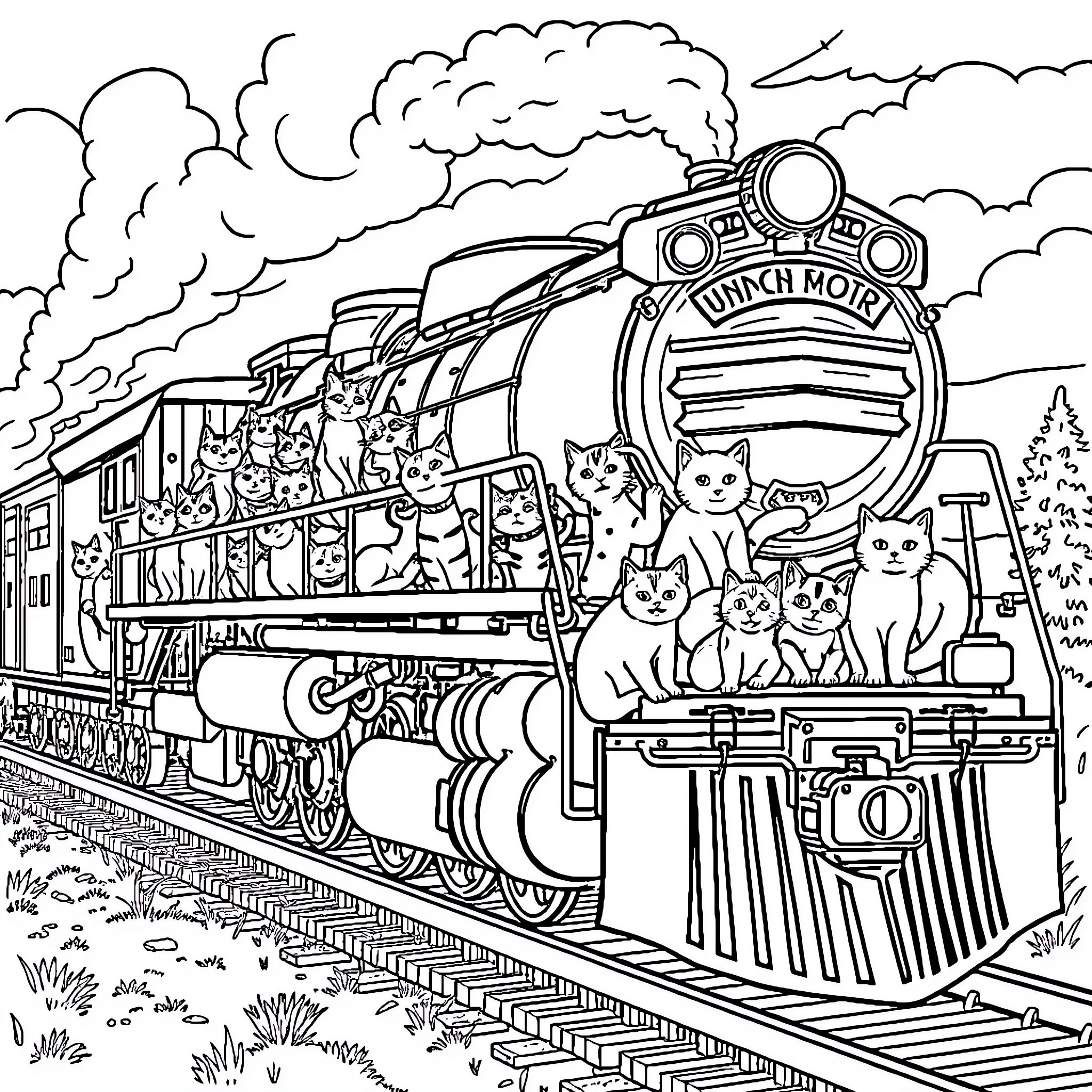 Big Boy train with cats on board Coloring Page (free black-and-white line drawing printable PDF for all, from beginners to advanced learners, including children, teens, adults, and seniors)