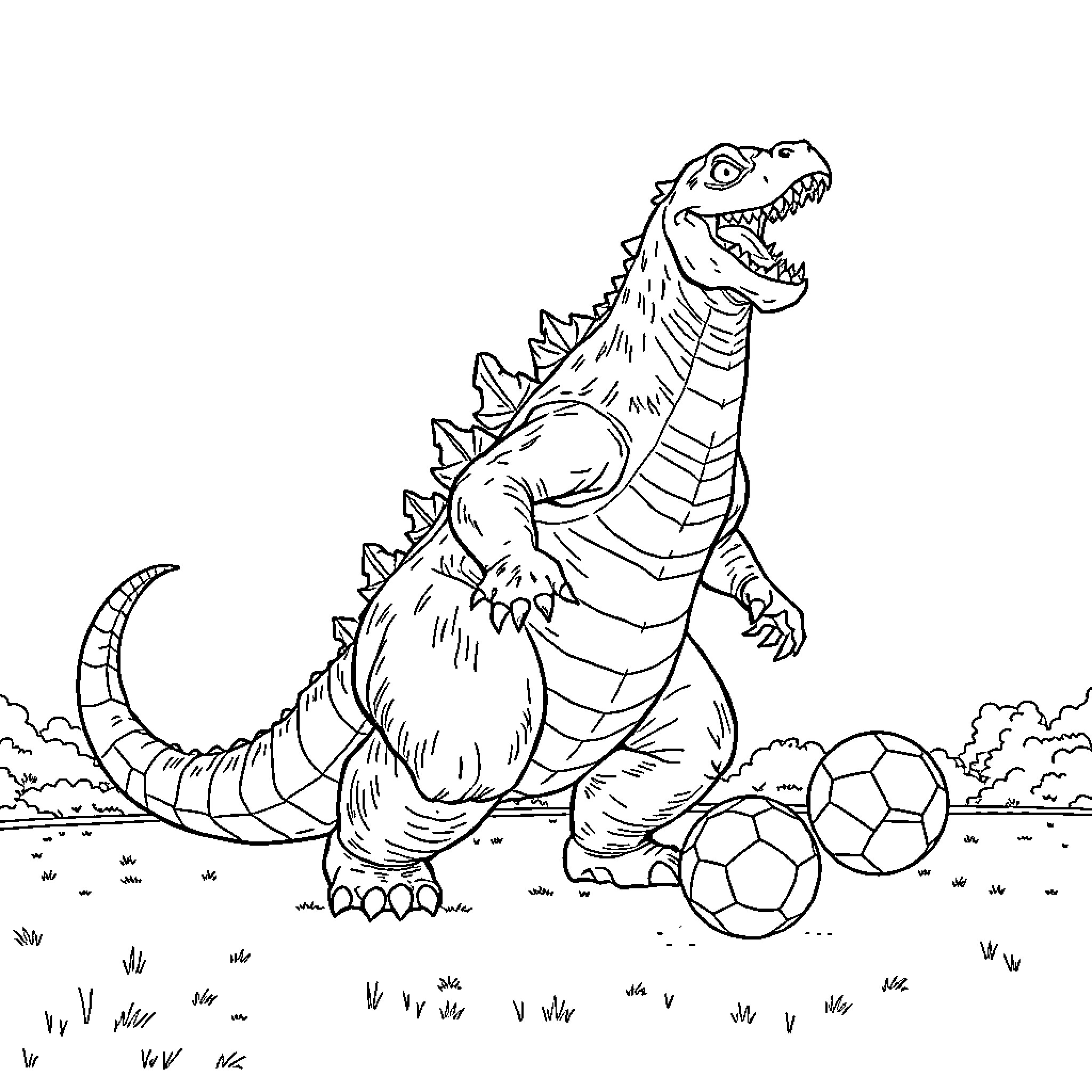 Godzilla playing with soccer balls in the field Coloring Page (free black-and-white line drawing printable PDF for all, from beginners to advanced learners, including children, teens, adults, and seniors)