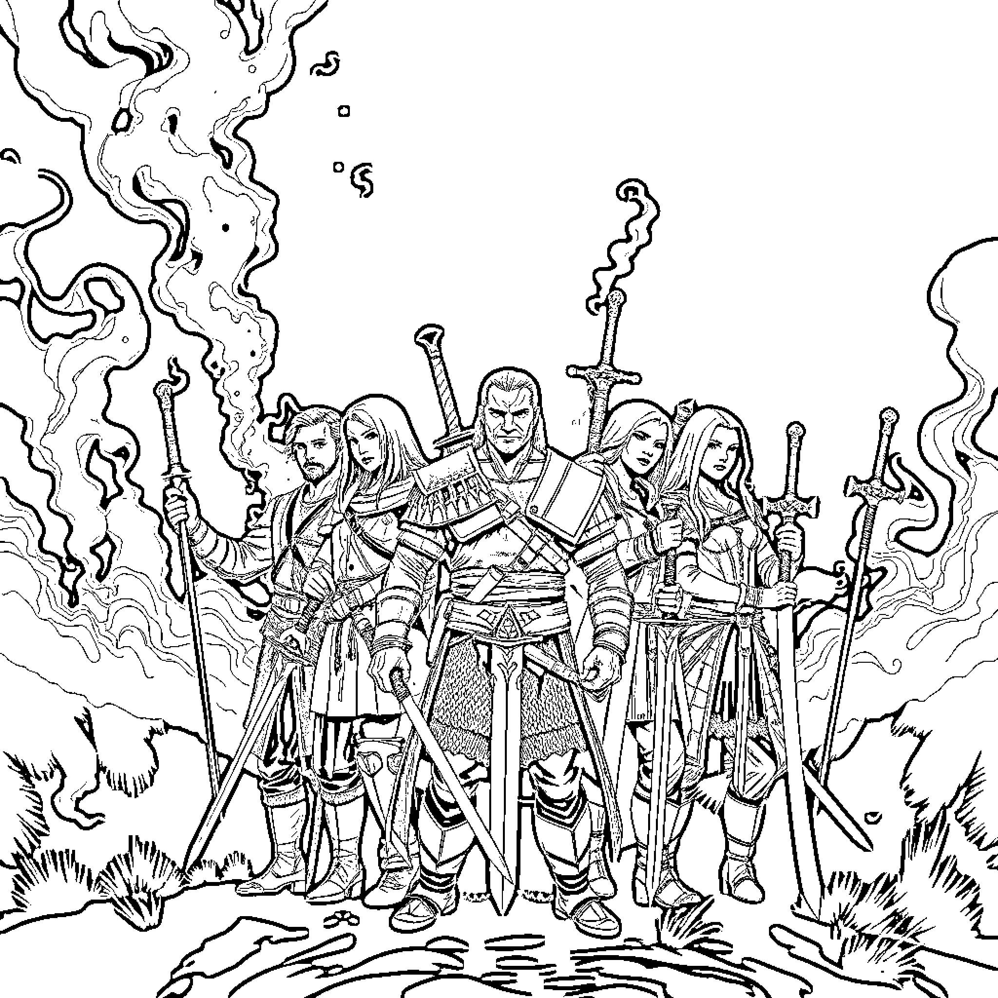 Witcher characters in epic fantasy battle scene Coloring Page (free black-and-white line drawing printable PDF for all, from beginners to advanced learners, including children, teens, adults, and seniors)