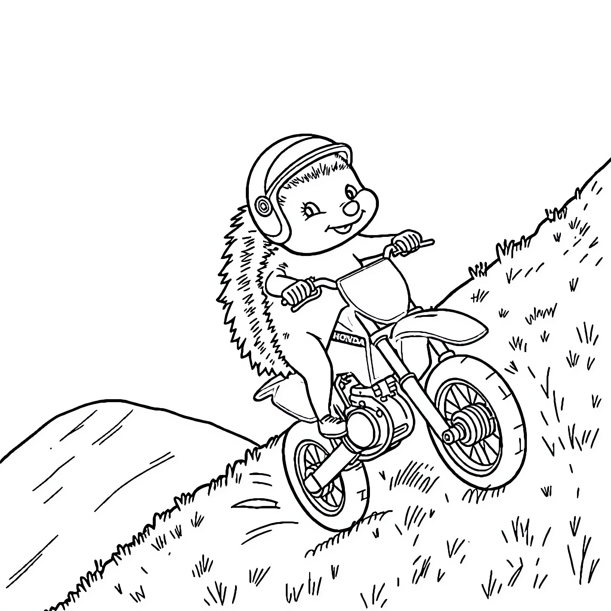 Hedgehog riding a motorbike on an adventure Coloring Page (free black-and-white line drawing printable PDF for all, from beginners to advanced learners, including children, teens, adults, and seniors)