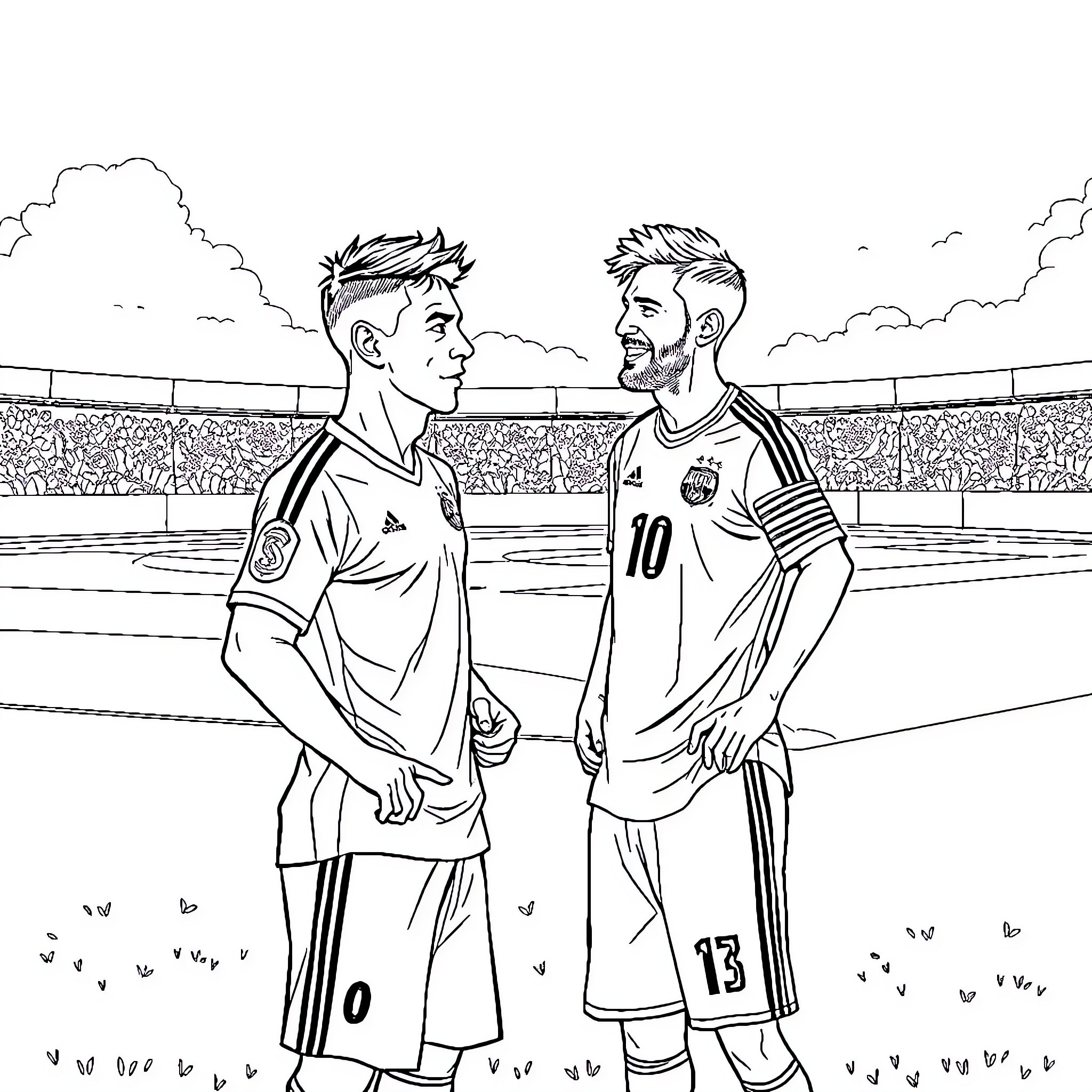 Cristiano Ronaldo: Football Players on the Field Coloring Page (free black-and-white line drawing printable PDF for all, from beginners to advanced learners, including children, teens, adults, and seniors)