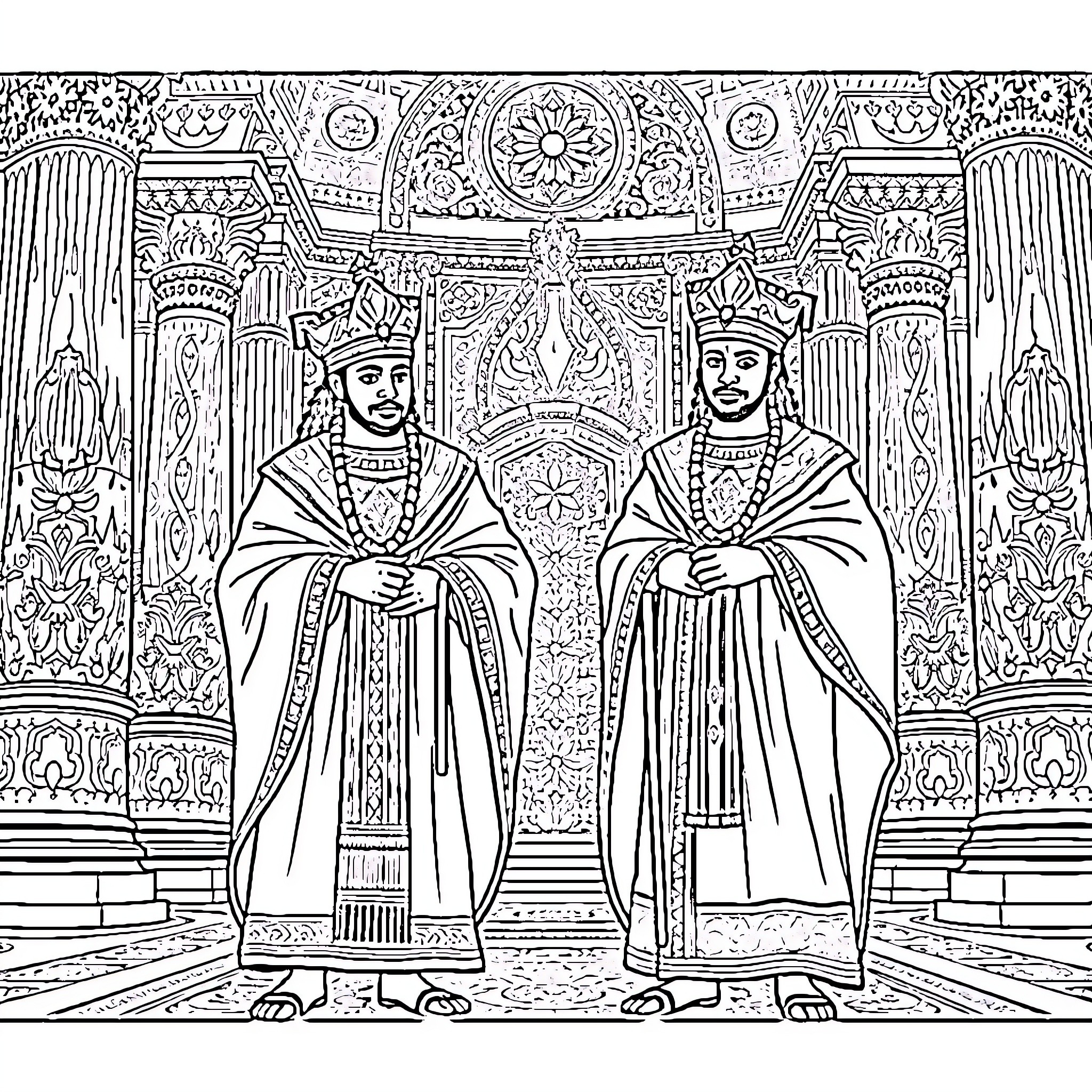 Ethiopian King and Queen in Regal Attire Coloring Page (free black-and-white line drawing printable PDF for all, from beginners to advanced learners, including children, teens, adults, and seniors)