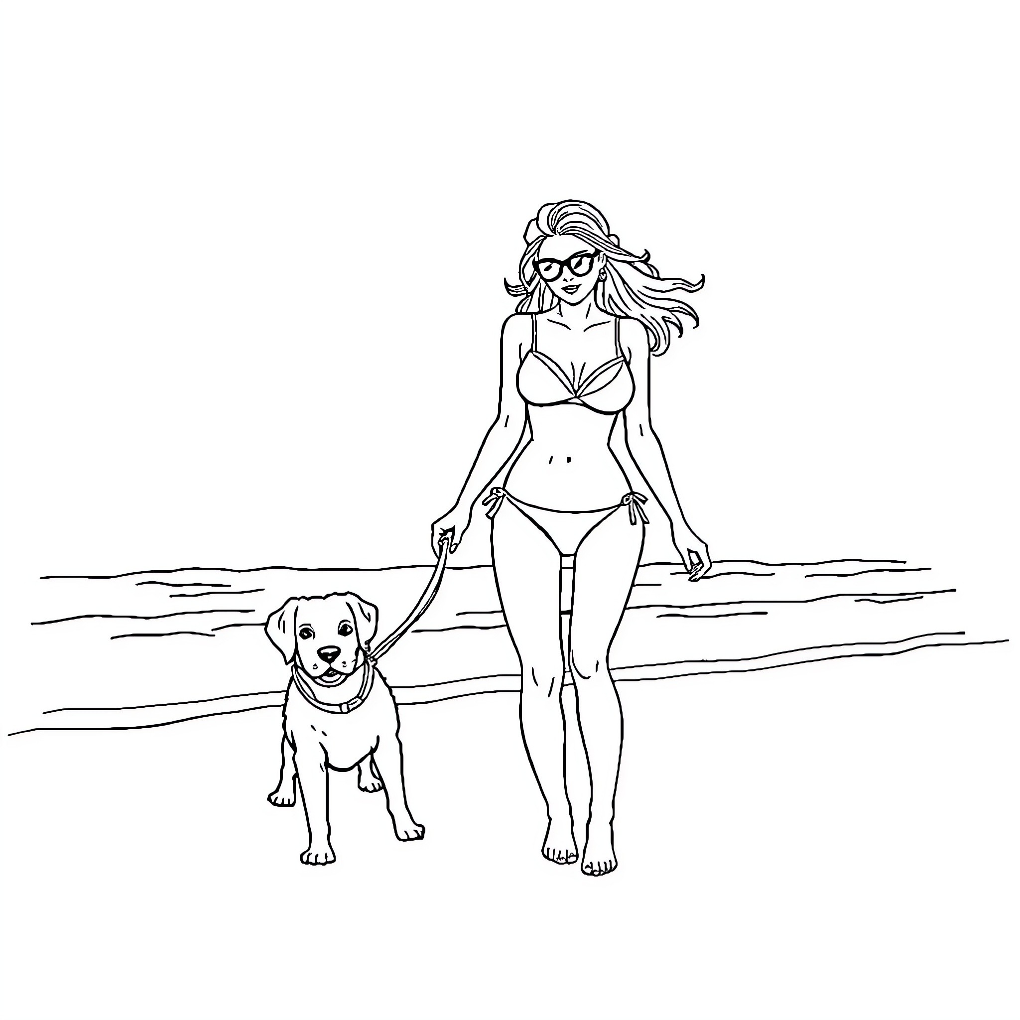 Girl playing with dog on the beach Coloring Page (free black-and-white line drawing printable PDF for all, from beginners to advanced learners, including children, teens, adults, and seniors)