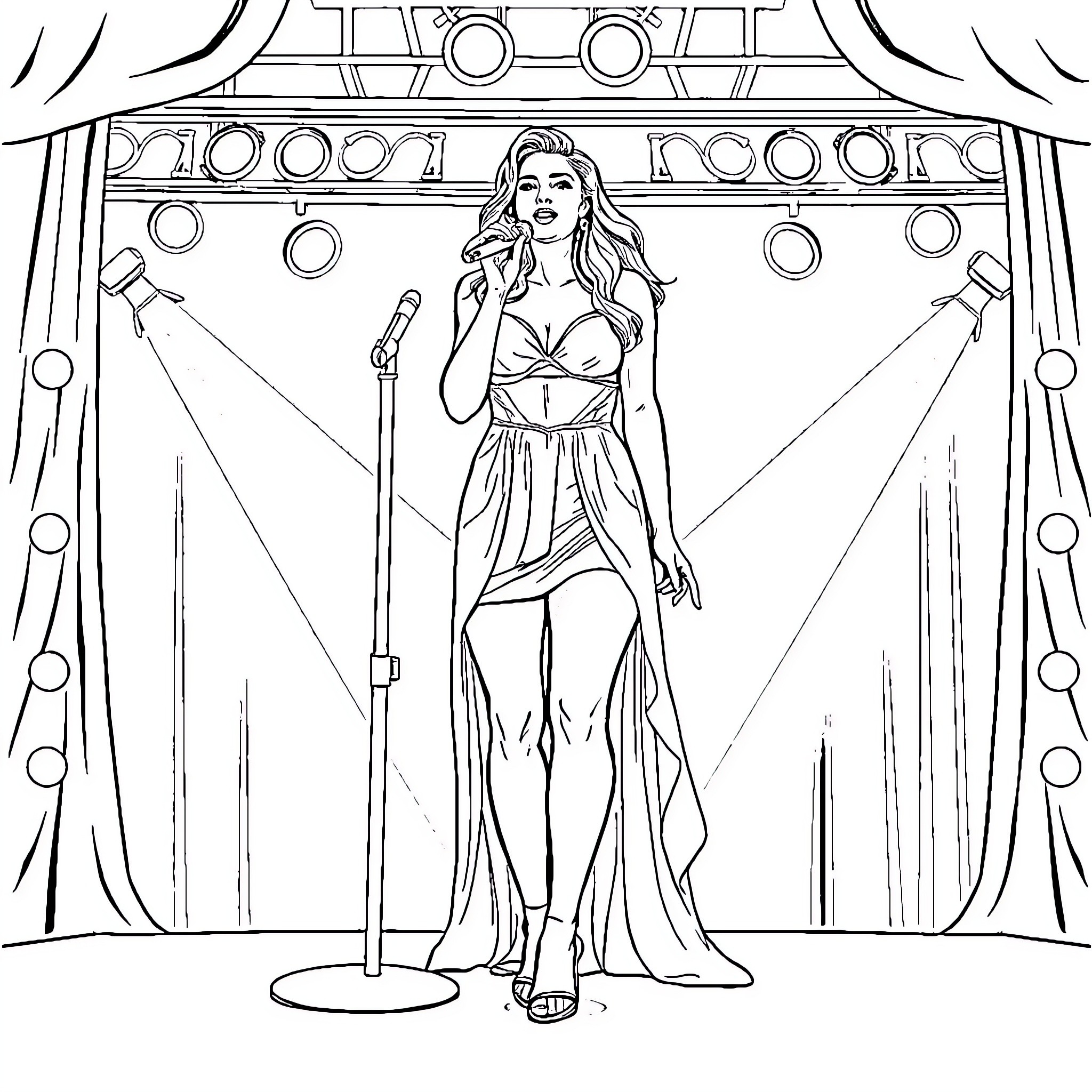 Leah Kate performing on stage in glamorous outfit Coloring Page (free black-and-white line drawing printable PDF for all, from beginners to advanced learners, including children, teens, adults, and seniors)