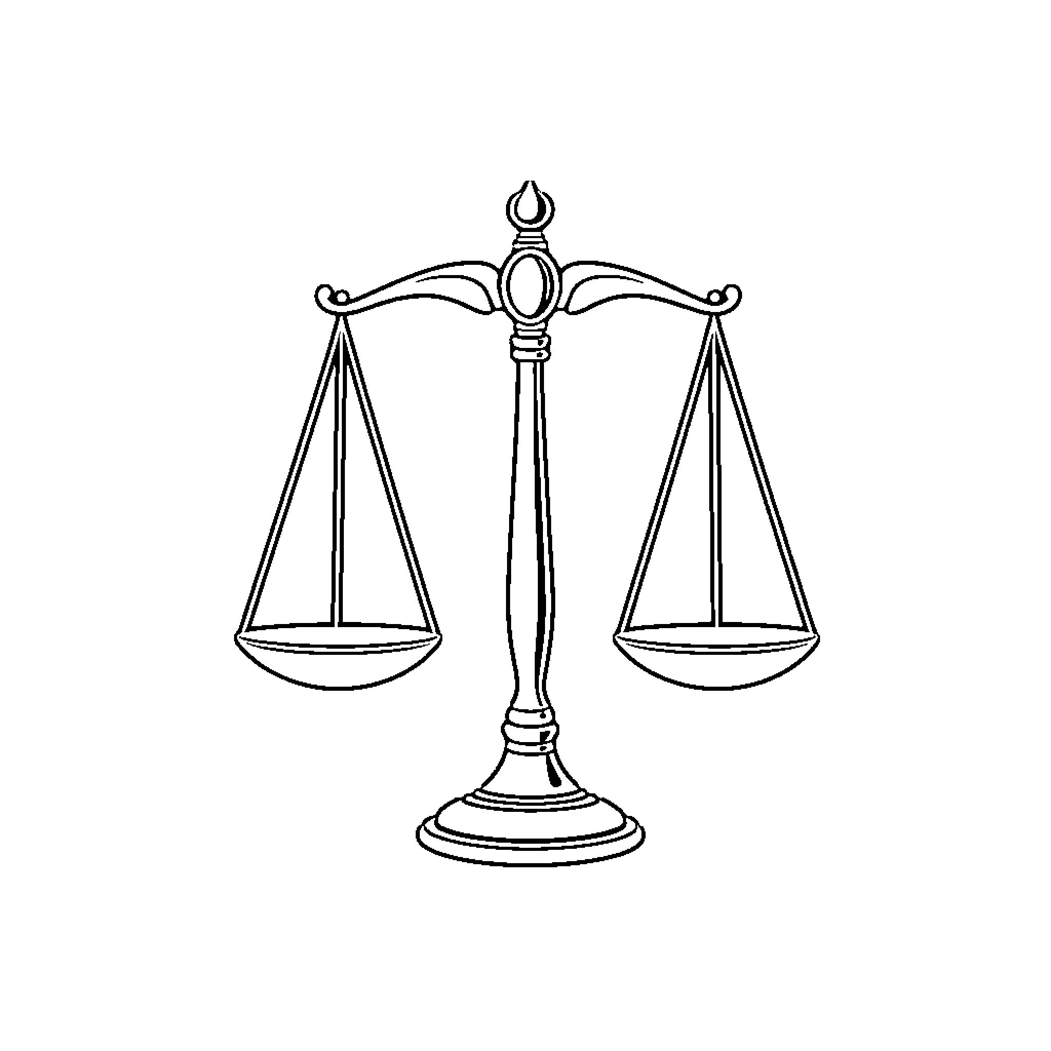 Justice Logo with Balanced Scales Coloring Page (free black-and-white line drawing printable PDF for all, from beginners to advanced learners, including children, teens, adults, and seniors)