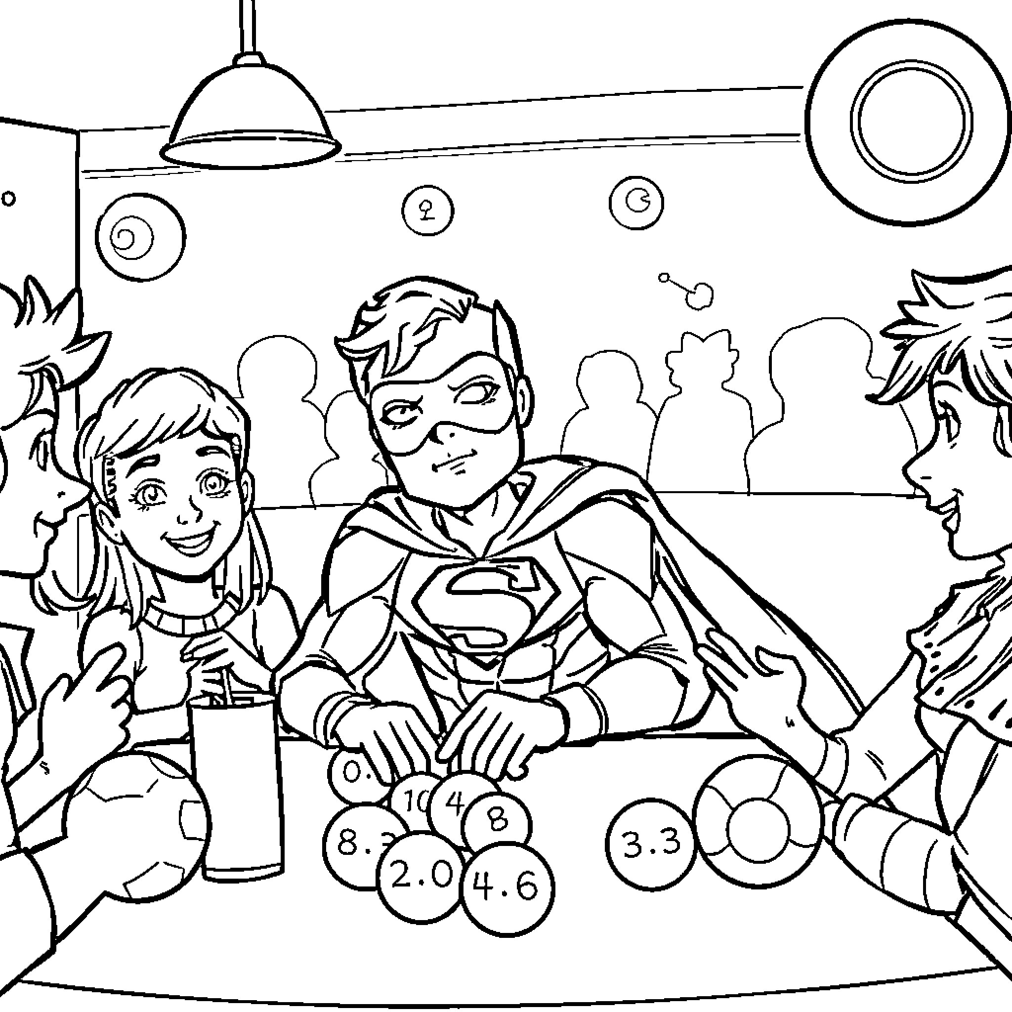 Superhero enjoying a casual gathering with friends Coloring Page (free black-and-white line drawing printable PDF for all, from beginners to advanced learners, including children, teens, adults, and seniors)
