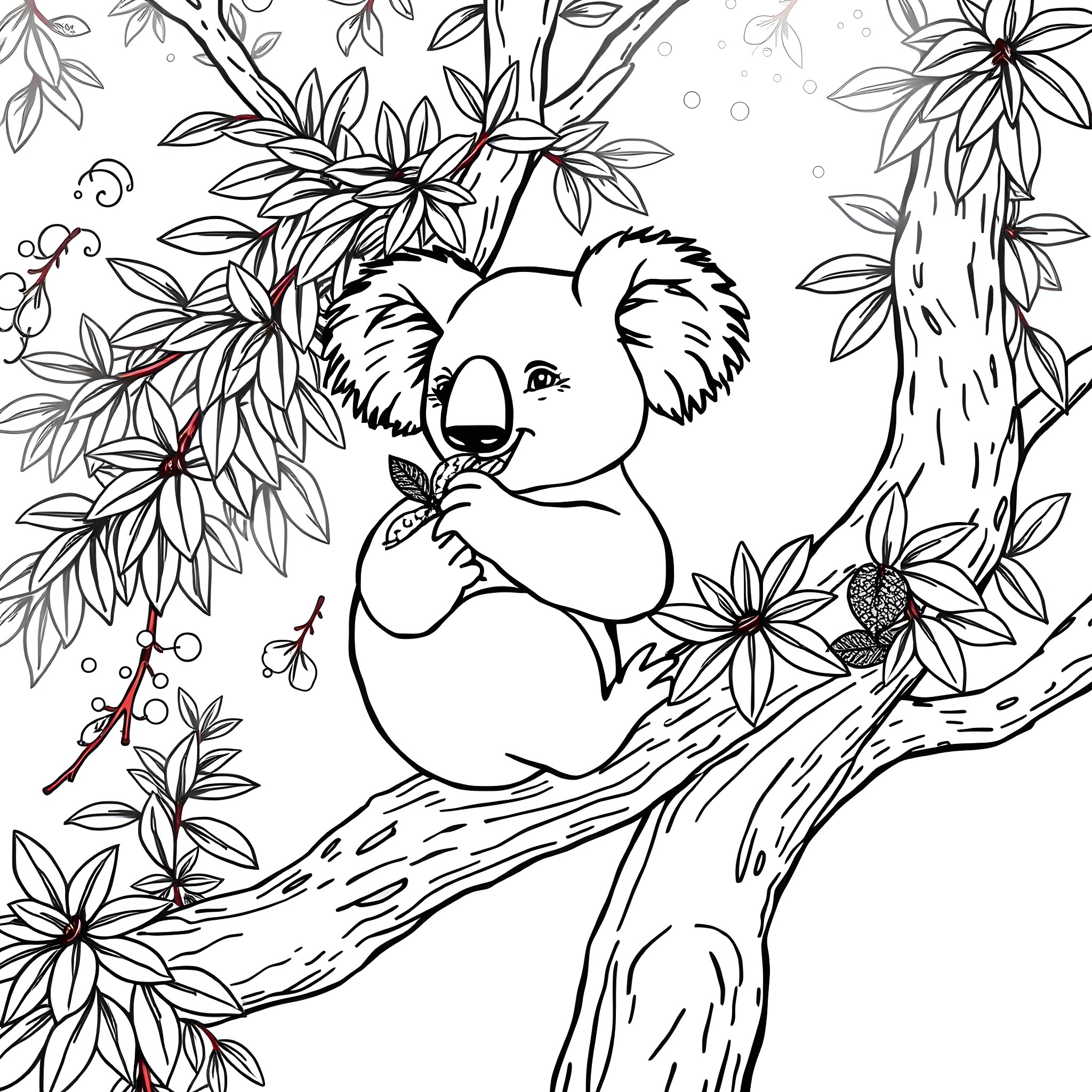 Koala resting peacefully in the lush jungle Coloring Page (free black-and-white line drawing printable PDF for all, from beginners to advanced learners, including children, teens, adults, and seniors)