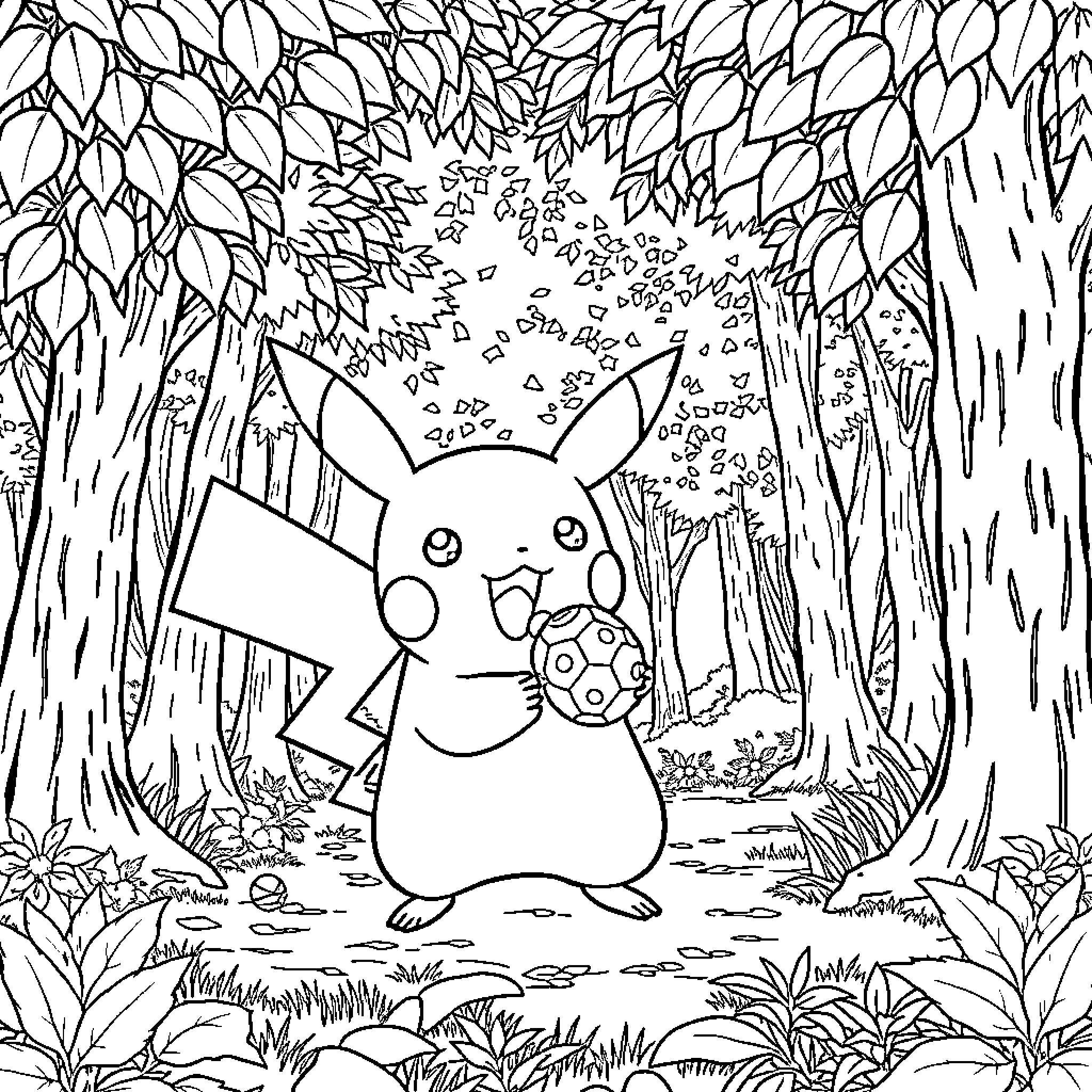 Pikachu enjoying the forest scenery Coloring Page (free black-and-white line drawing printable PDF for all, from beginners to advanced learners, including children, teens, adults, and seniors)