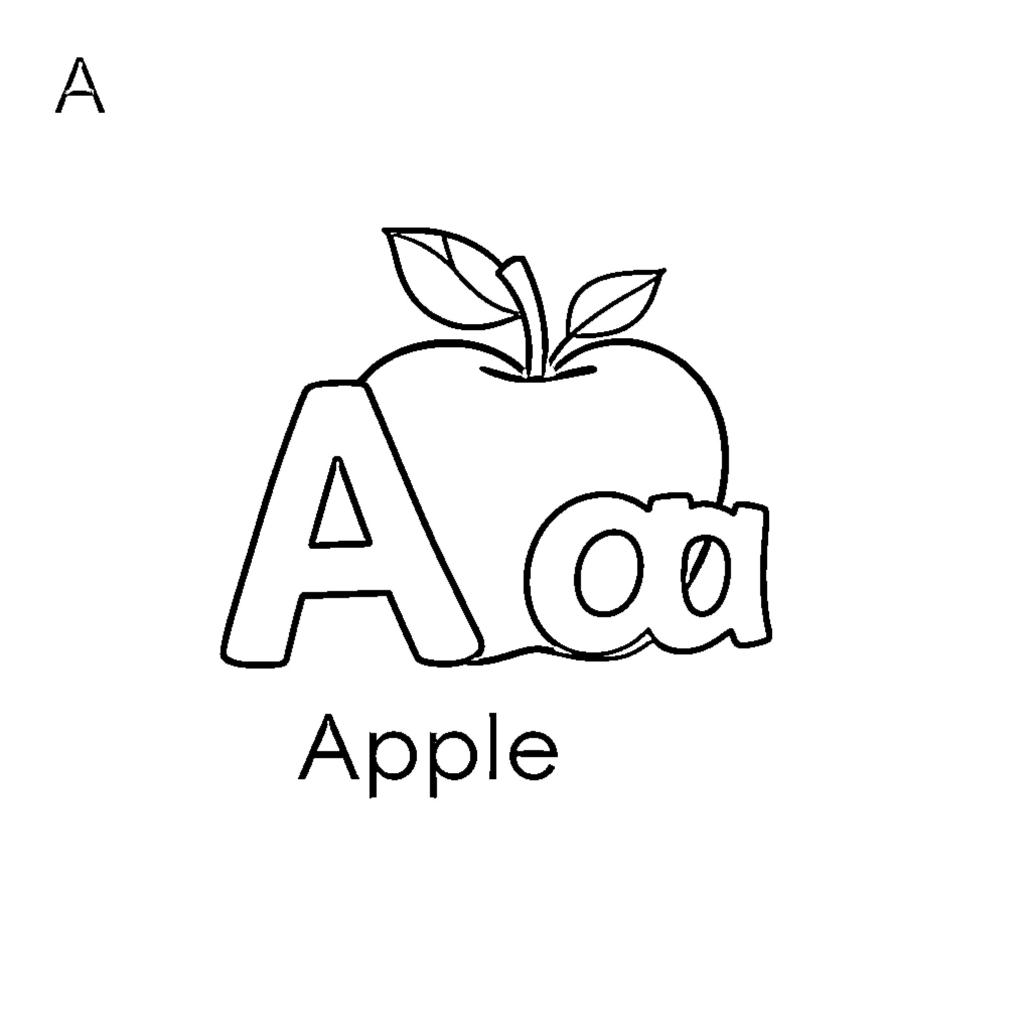 Apple with letter A for educational learning Coloring Page (free black-and-white line drawing printable PDF for all, from beginners to advanced learners, including children, teens, adults, and seniors)