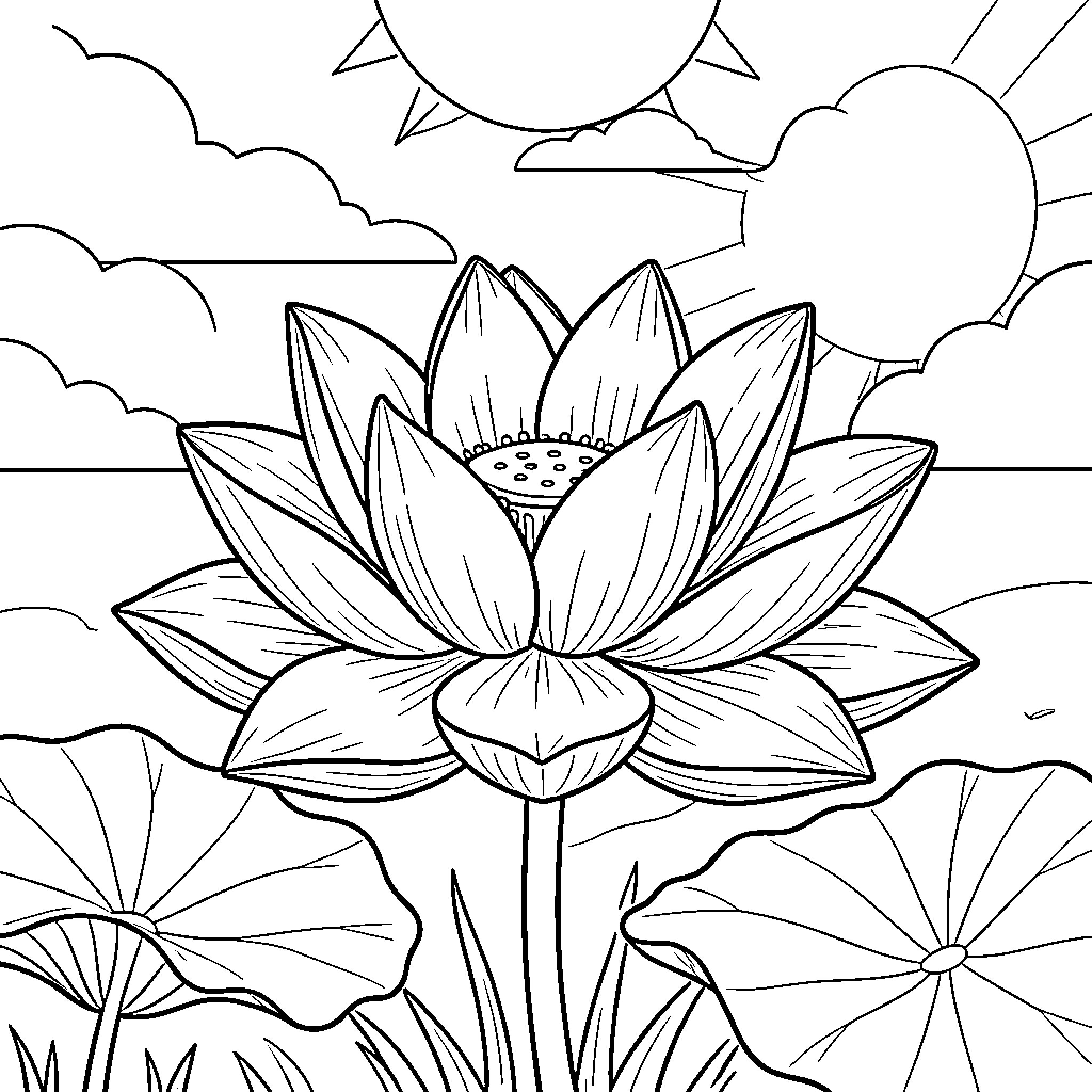 Lotus blooming peacefully under the bright sun Coloring Page (free black-and-white line drawing printable PDF for all, from beginners to advanced learners, including children, teens, adults, and seniors)