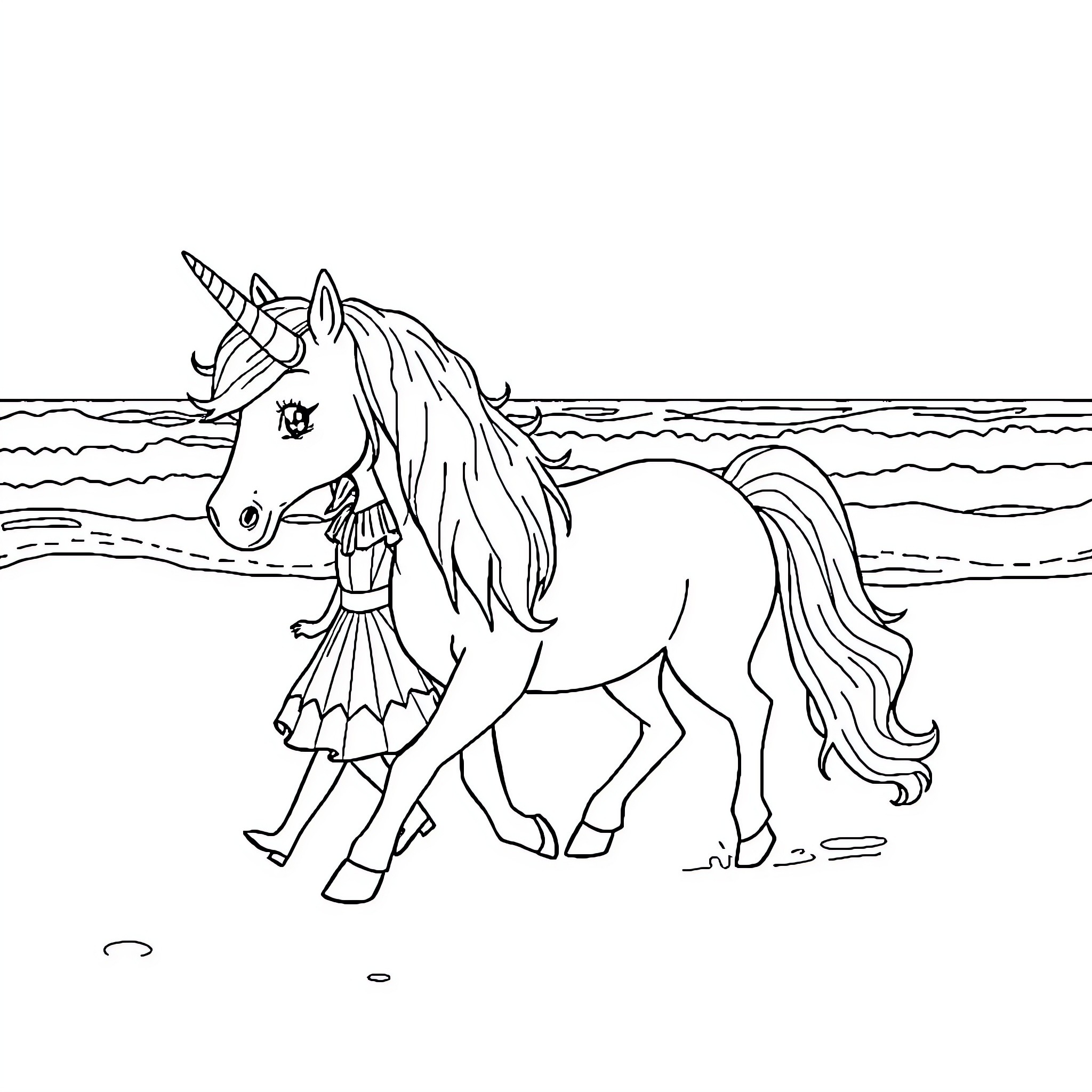 Princess unicorn strolling along the beach Coloring Page (free black-and-white line drawing printable PDF for all, from beginners to advanced learners, including children, teens, adults, and seniors)