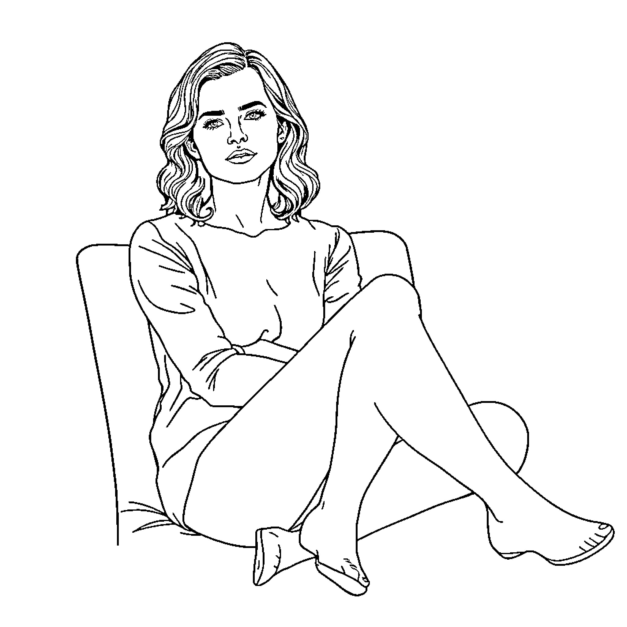 Emma Watson sitting thoughtfully in a simple outfit Coloring Page (free black-and-white line drawing printable PDF for all, from beginners to advanced learners, including children, teens, adults, and seniors)