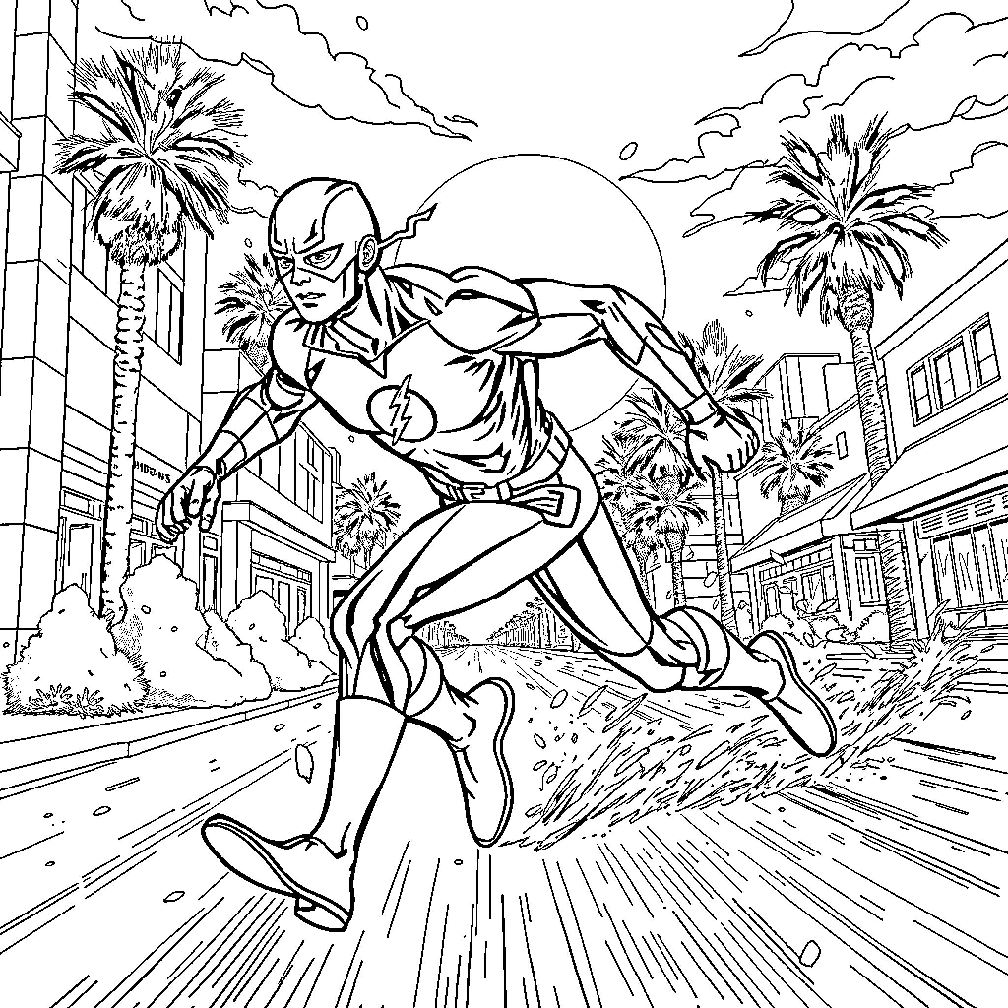 Flash Sprinting Through Vibrant City Landscape Coloring Page (free black-and-white line drawing printable PDF for all, from beginners to advanced learners, including children, teens, adults, and seniors)