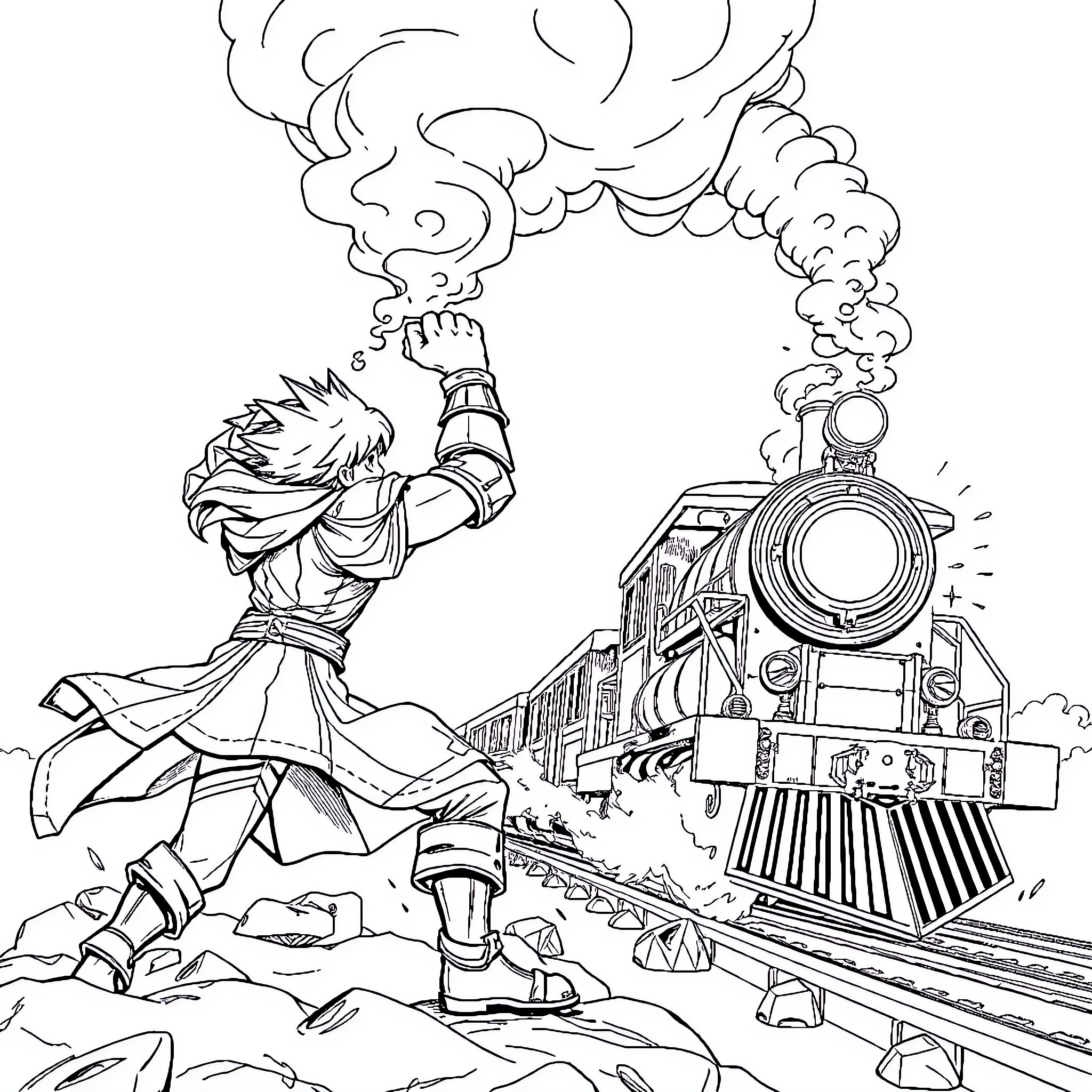 Sabin's Daring Train Escape Coloring Page (free black-and-white line drawing printable PDF for all, from beginners to advanced learners, including children, teens, adults, and seniors)