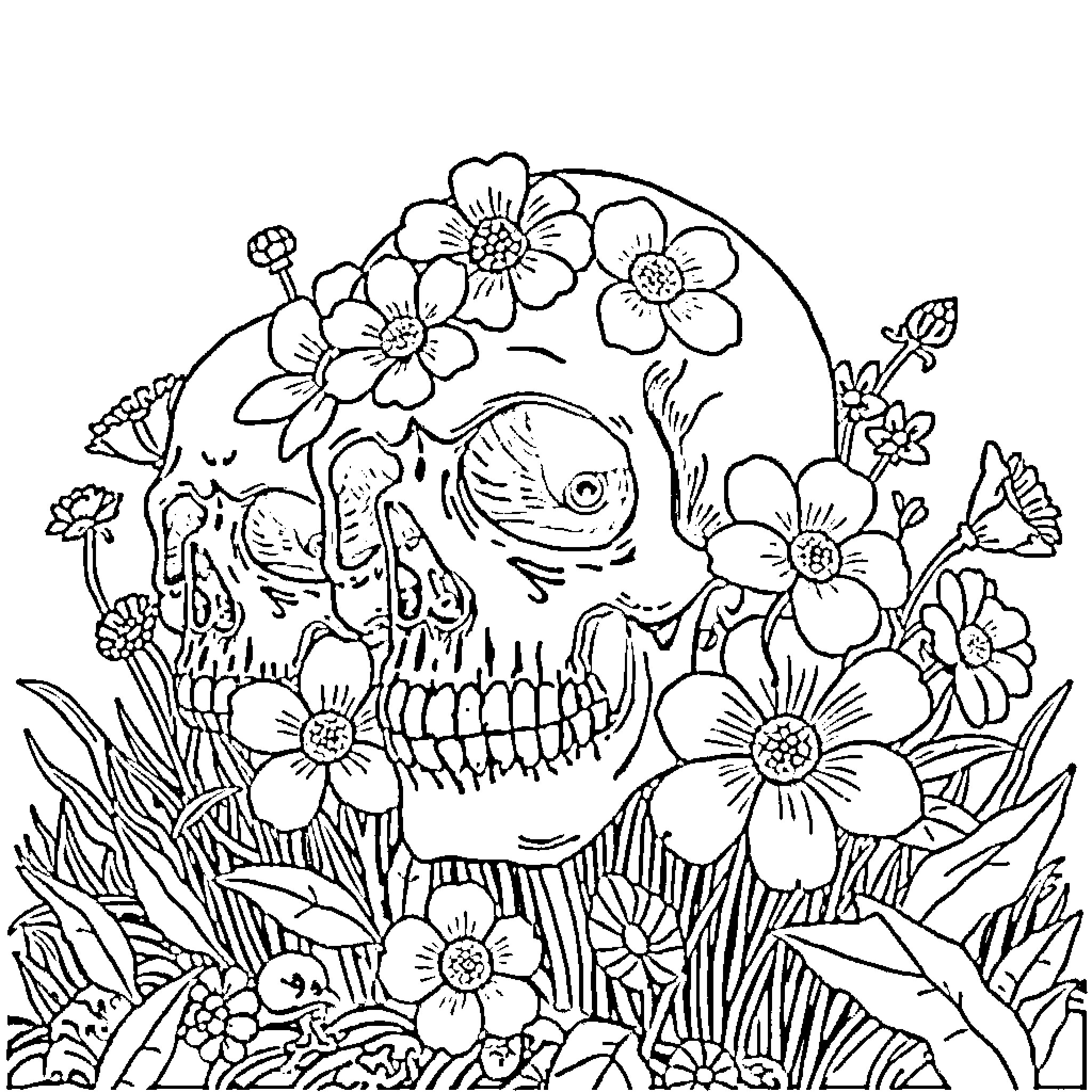 Skull adorned with vibrant floral patterns Coloring Page (free black-and-white line drawing printable PDF for all, from beginners to advanced learners, including children, teens, adults, and seniors)