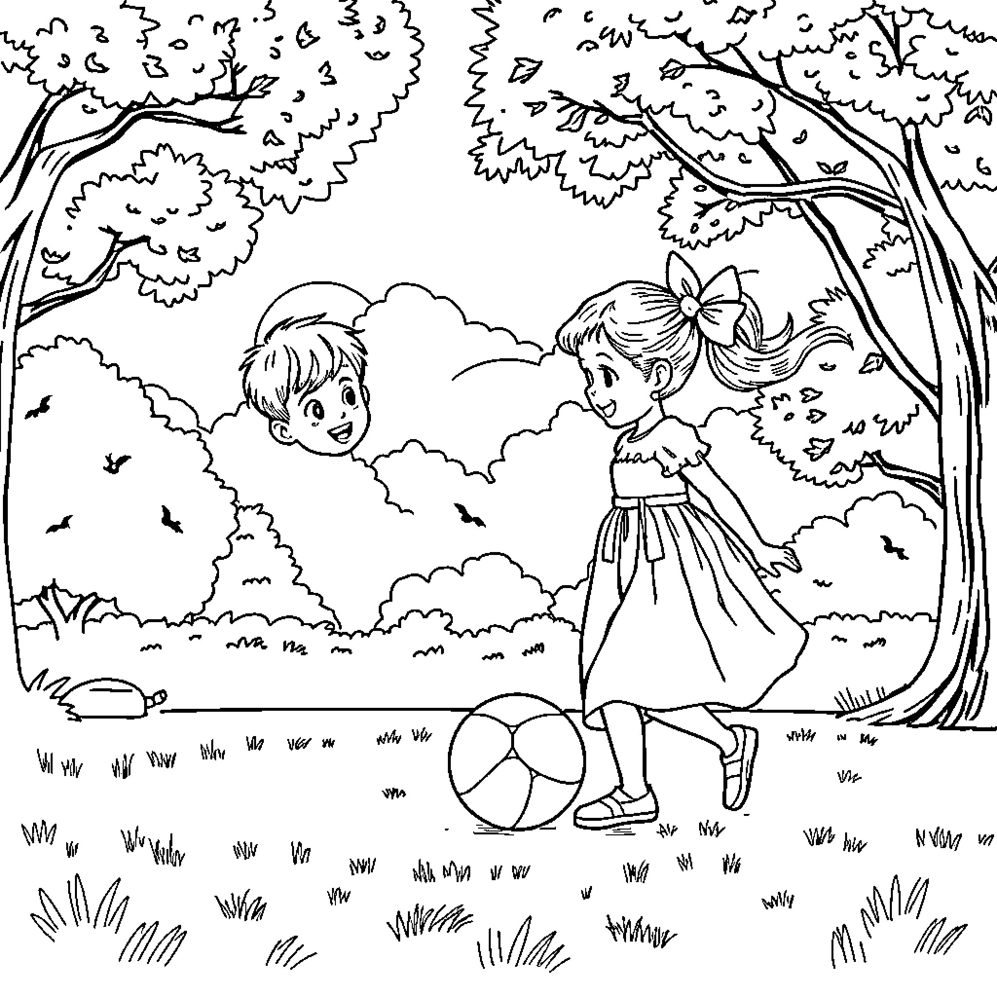 Girl playing in the park with her friend Coloring Page (free black-and-white line drawing printable PDF for all, from beginners to advanced learners, including children, teens, adults, and seniors)