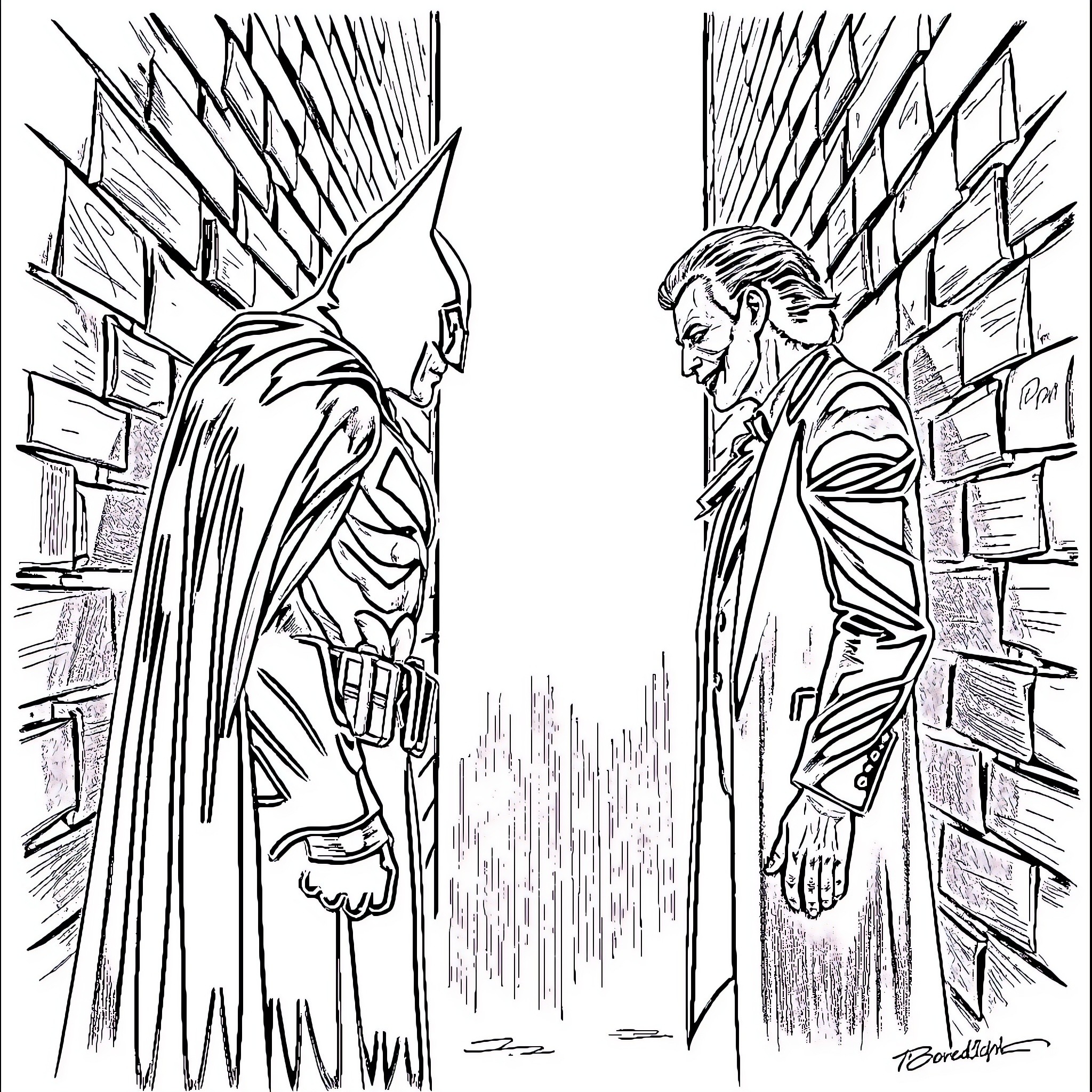 Batman confronting a mysterious figure in a dark alley Coloring Page (free black-and-white line drawing printable PDF for all, from beginners to advanced learners, including children, teens, adults, and seniors)